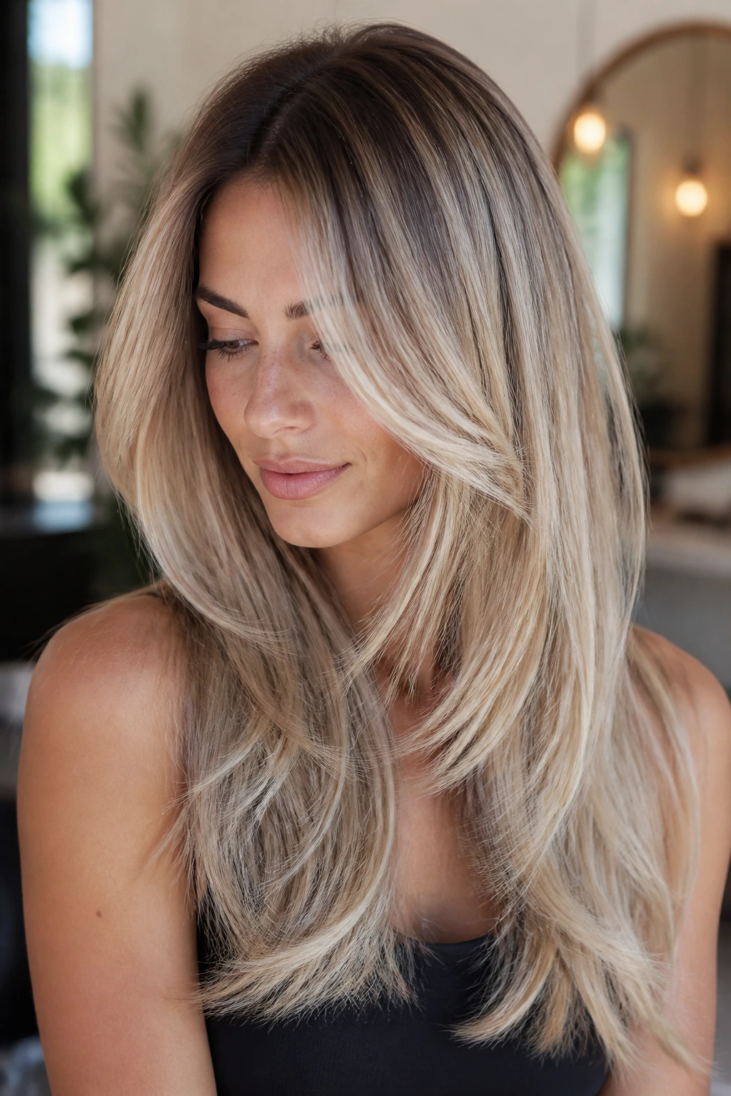 Close-up portrait of a real woman with long layered ash blonde hair and rooted color