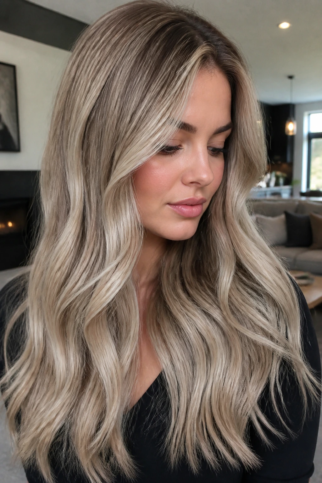Close-up of a real woman's long cool ash blonde hair with dark lowlights