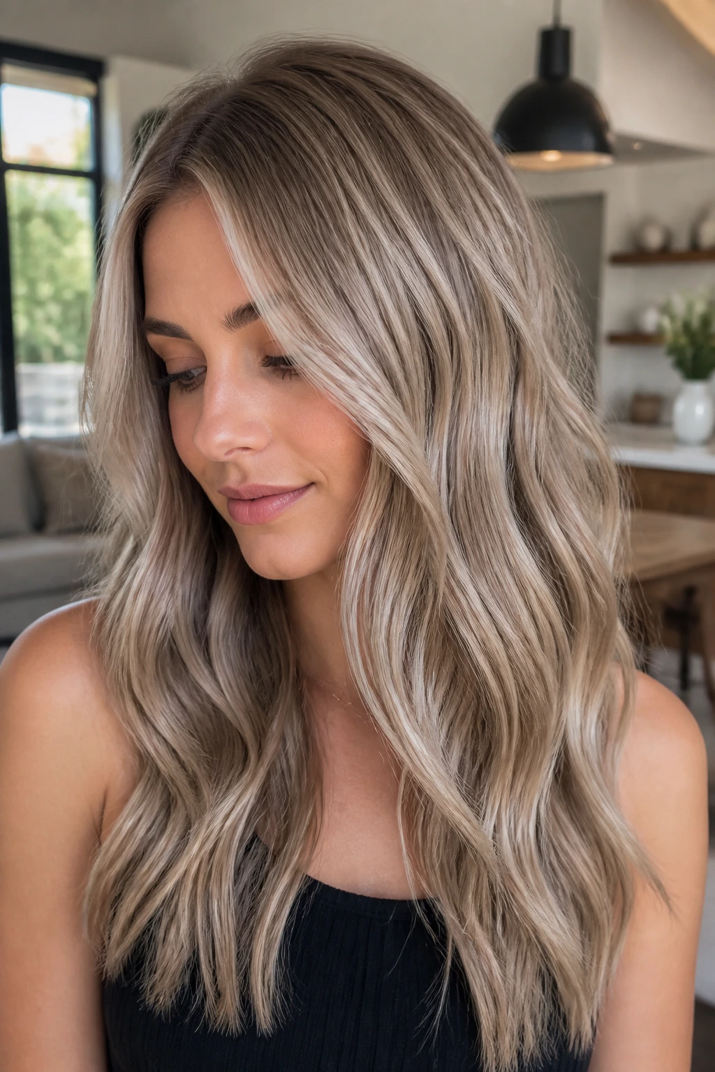 Close-up of a real woman with ash blonde hair and cool lowlights