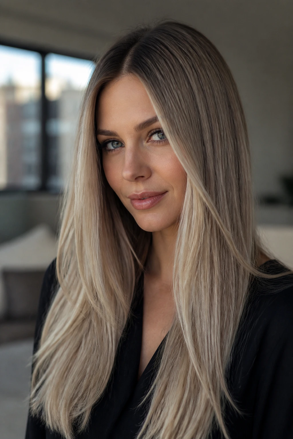 Real woman with an ash blonde melt gradient and straight long hair.