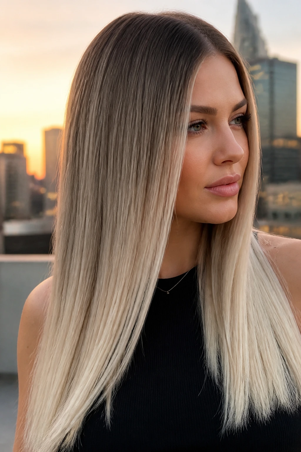 Close-up portrait of a real woman with ash to platinum ombre hair on an urban terrace