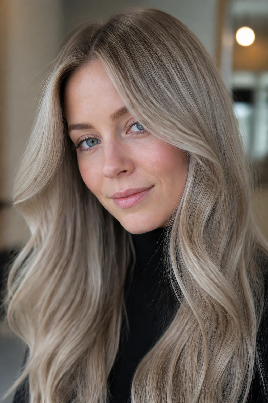 Close-up portrait of a real person with ash blonde hair under soft indoor light