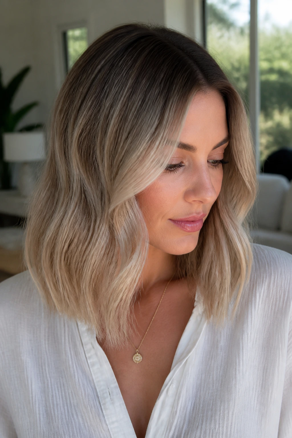 Close-up of a real woman with ash blonde and cool root melt