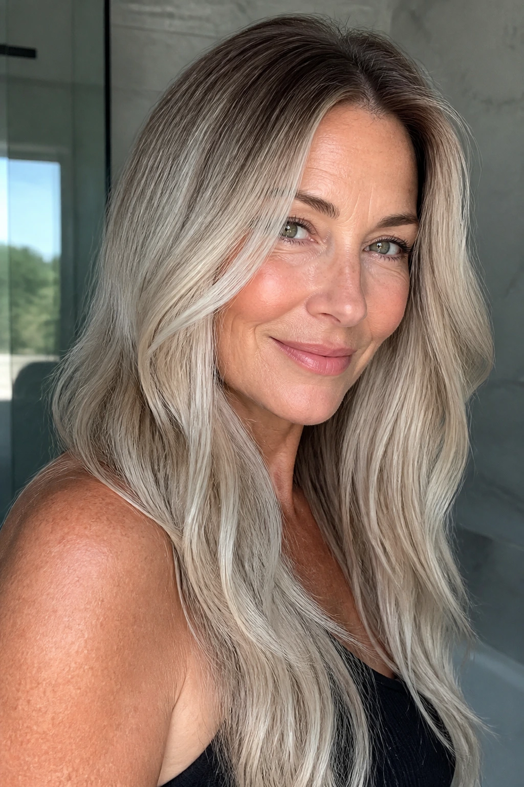 Real woman with Ash Blonde Root Melt showing darker roots fading to cooler lengths.