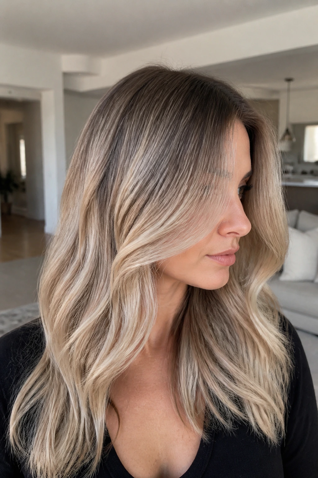 Close-up of a real person with ash blonde and sand root melt for soft blended transition