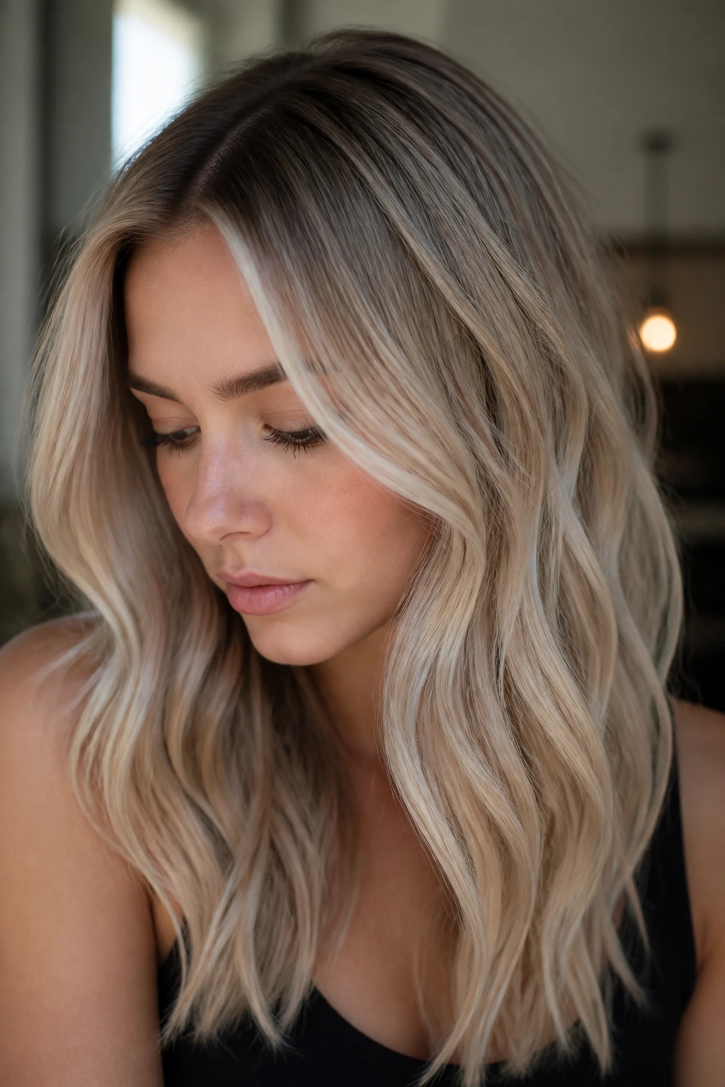 Close-up portrait of a real woman with ash blonde hair and a subtle shadow root