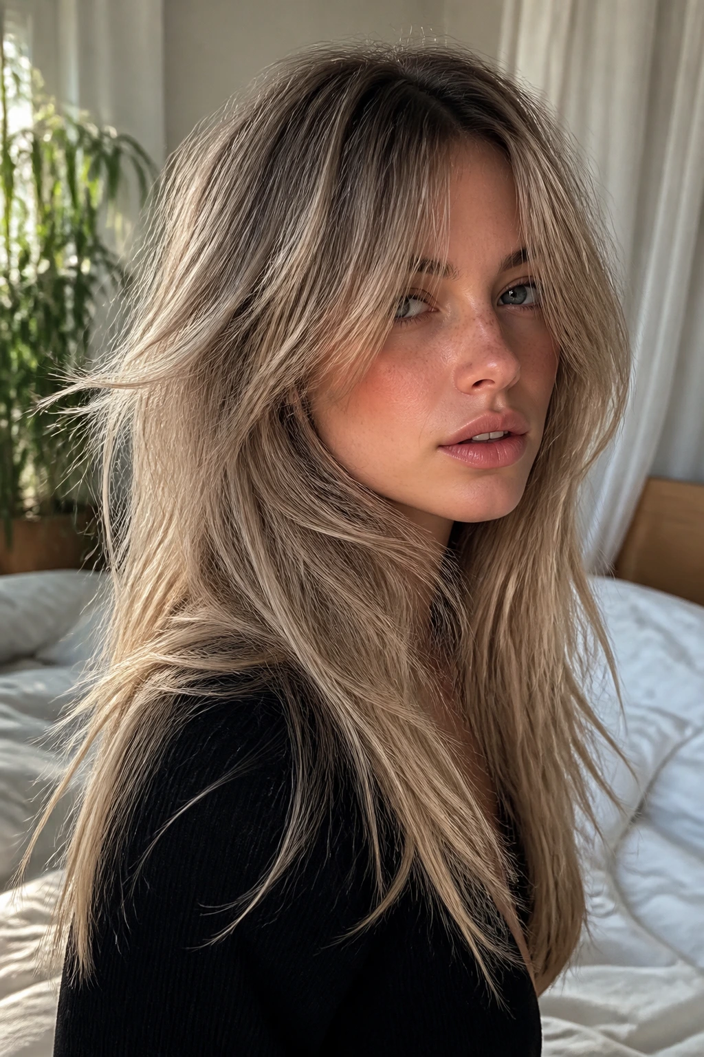 Close-up portrait of a woman with root shadow and ash-blonde shag.