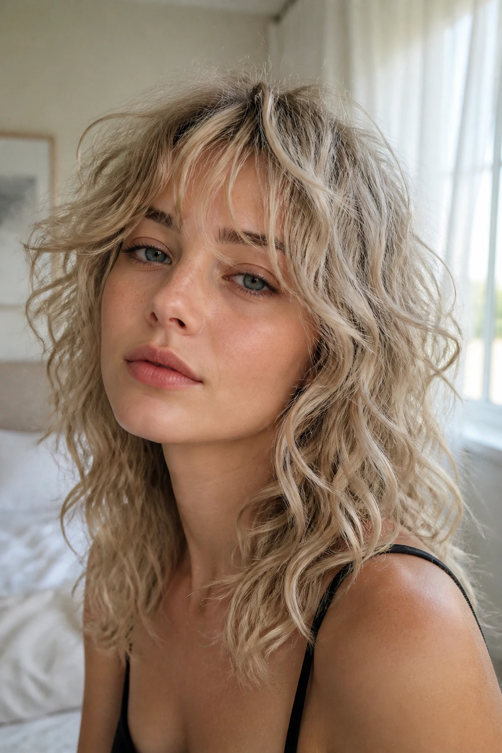 Close-up of a real person with ash-blonde curls and wispy curtain bangs