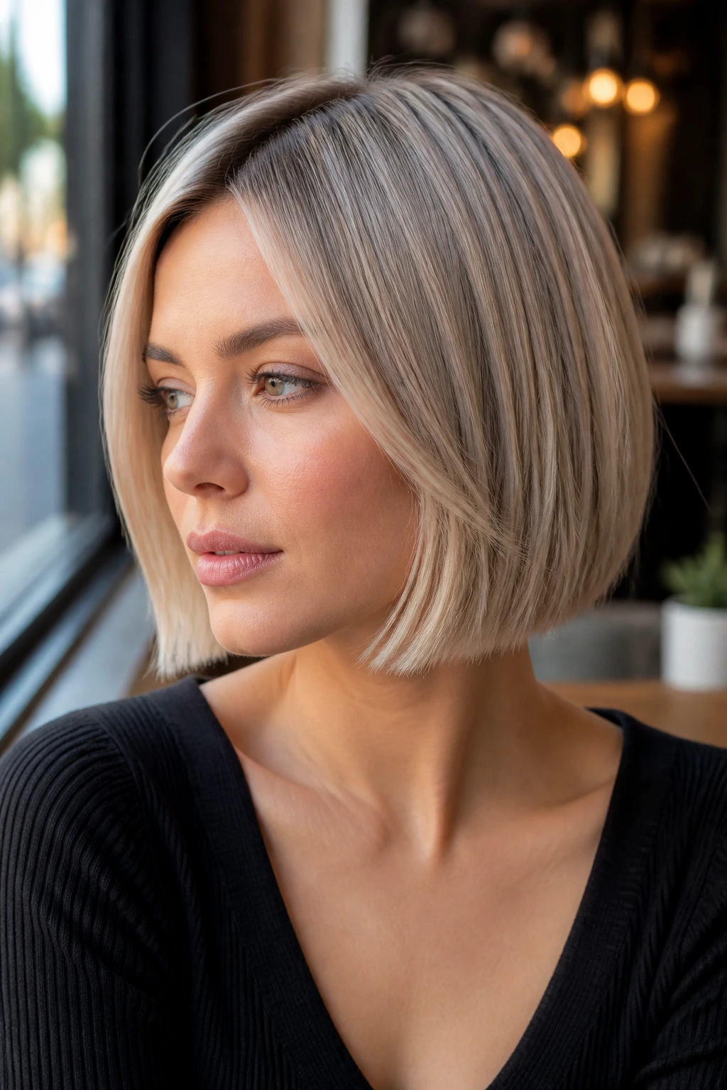 Real woman with ash-blonde sleek bob featuring clean jawline and cool tone.