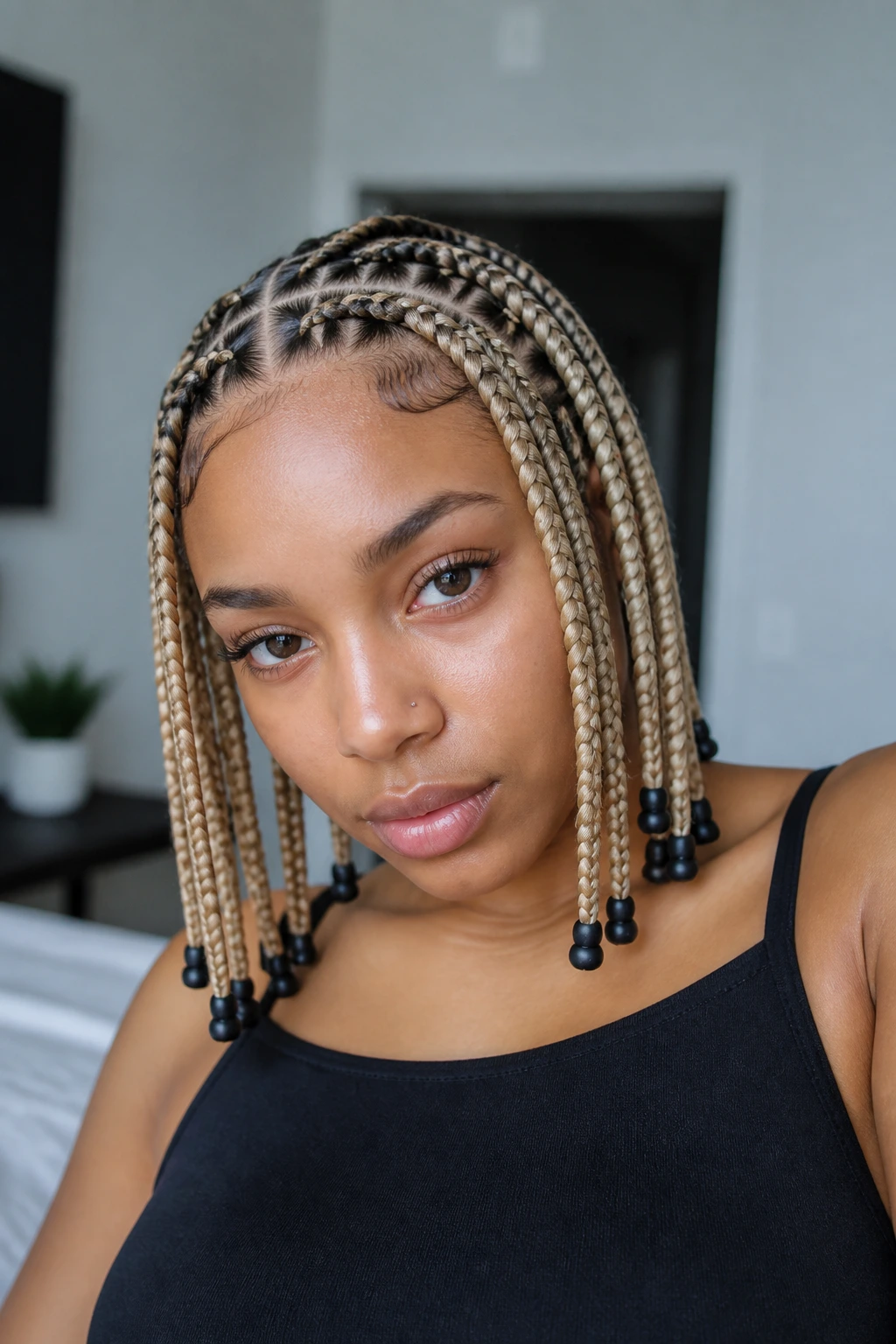 Portrait of a real woman with ash-blonde stitch braids and matte black beads