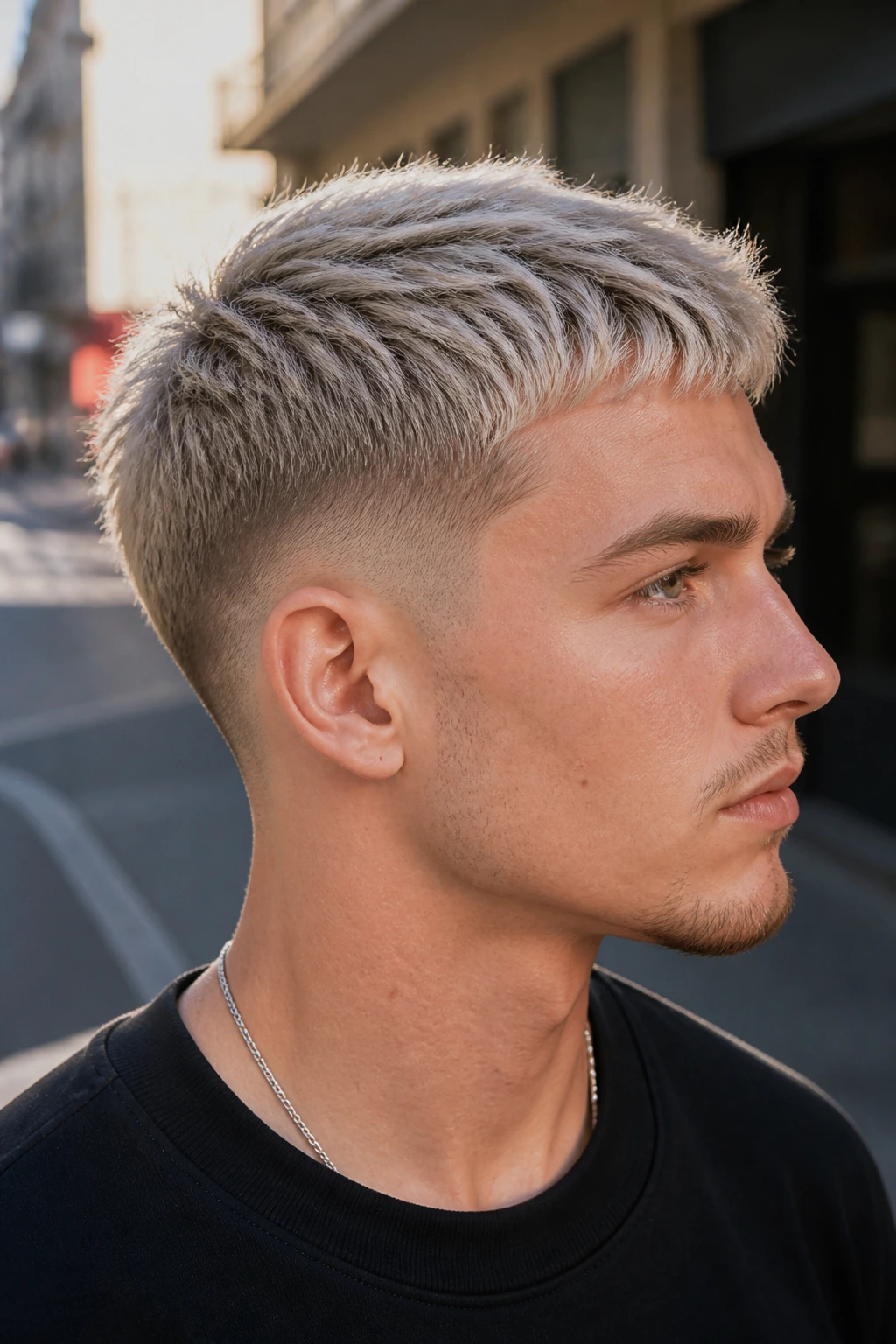 Man with ash blonde taper fade in a street setting.