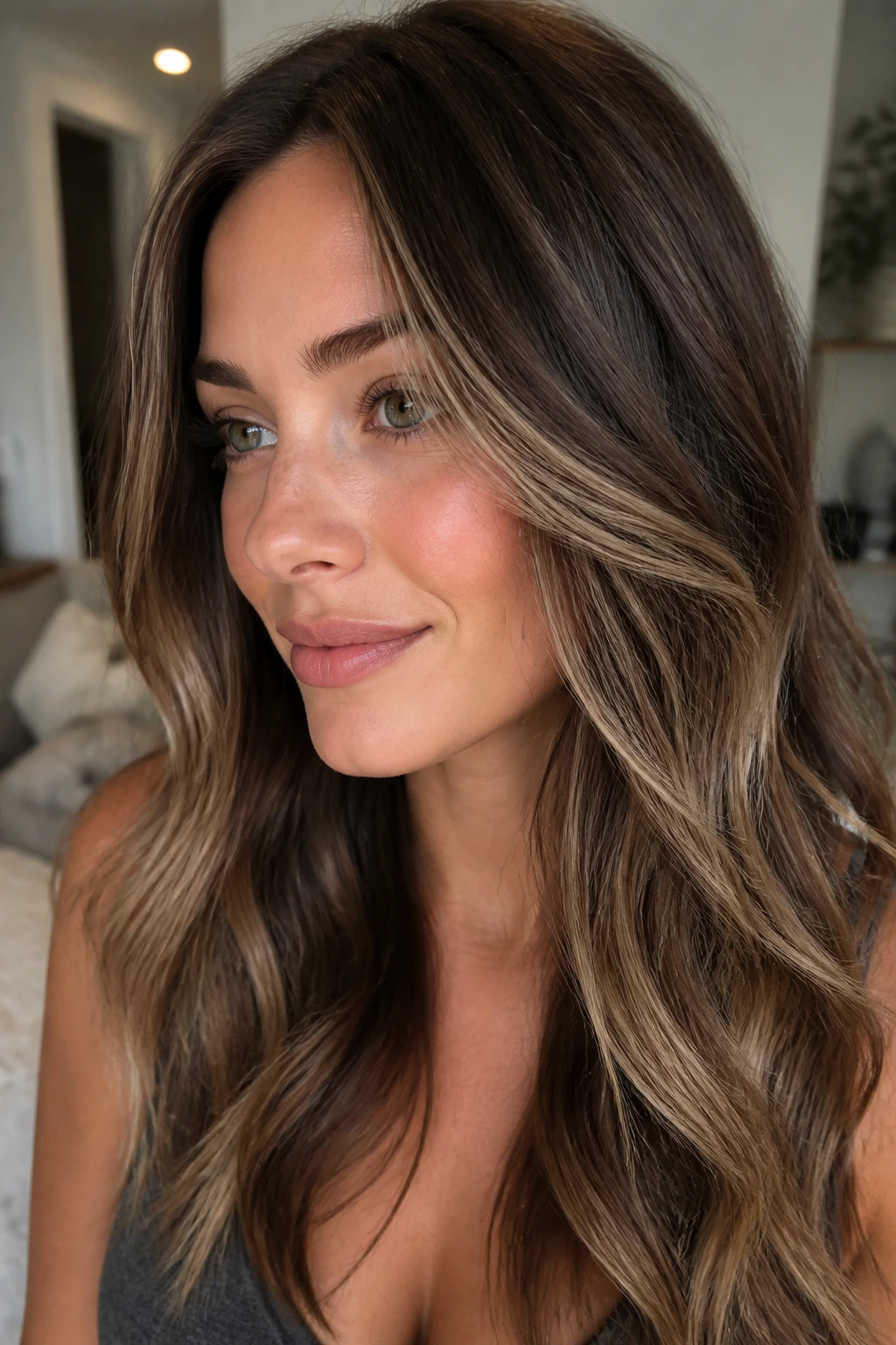 Brunette with ash blonde teasylights in waves