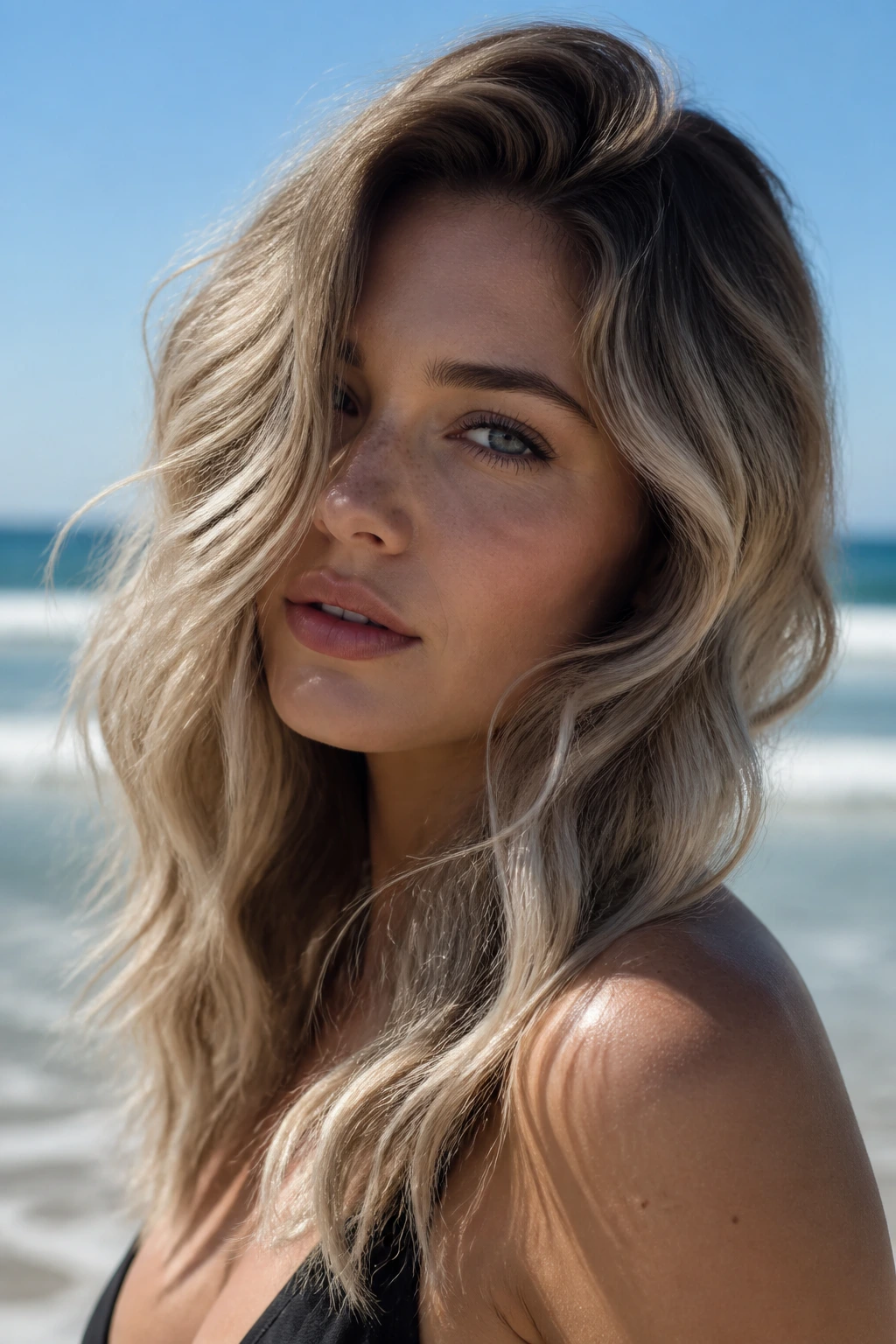 Close-up of a real woman with ash blonde beach waves under natural seaside light