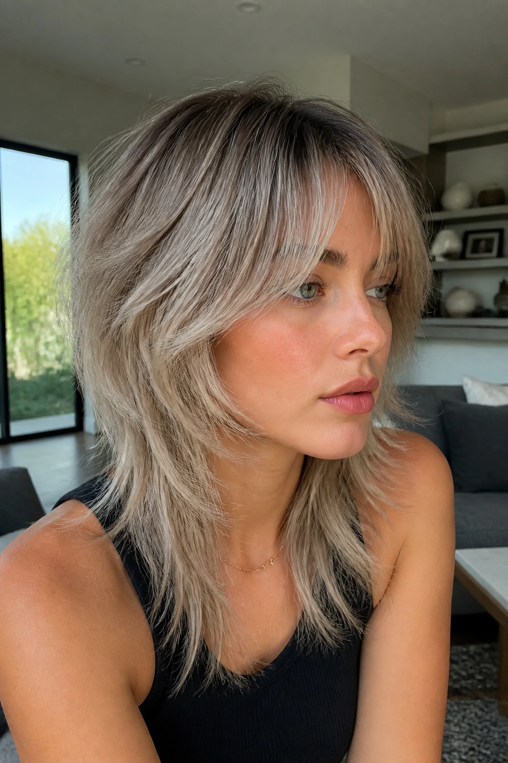Close-up of a real woman with ash blonde wolf cut and root shadow, cool dimensional tones.