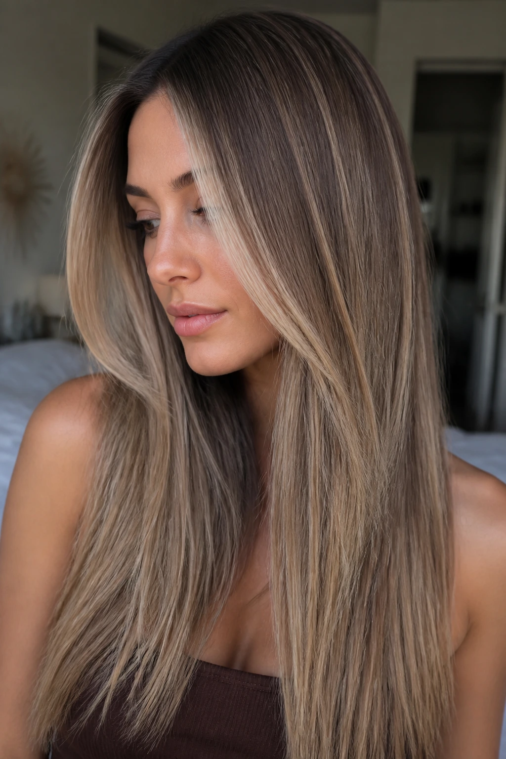 Close-up portrait of a real woman with ash-bronde balayage on long straight hair.