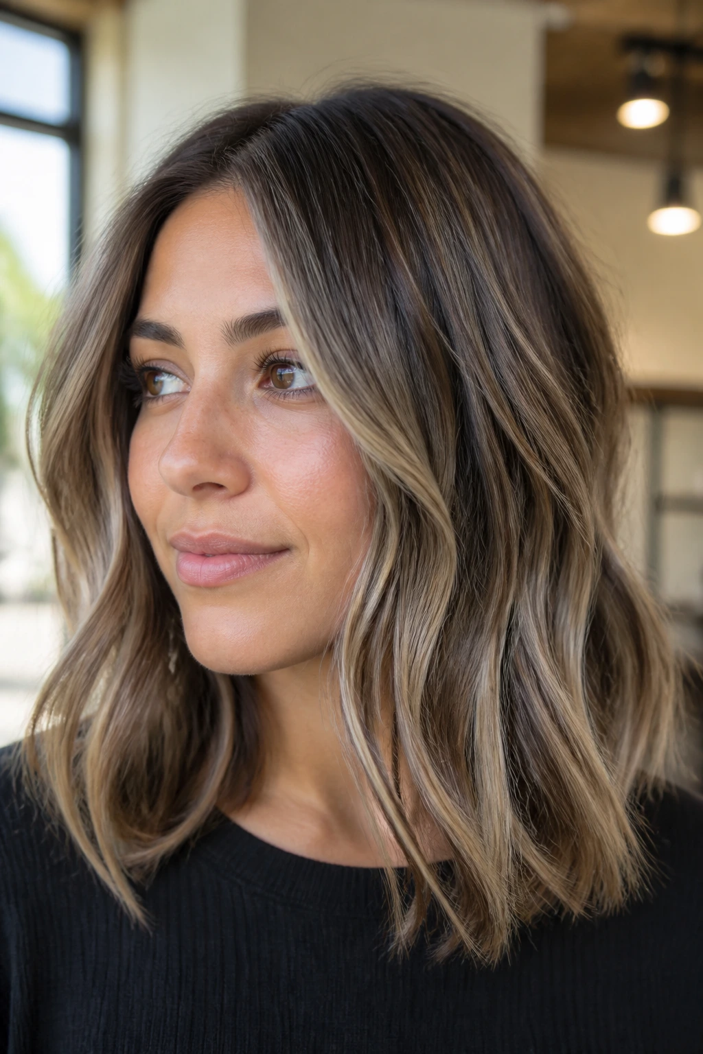 Close-up portrait of a woman with ash bronde balayage on shoulder-length hair