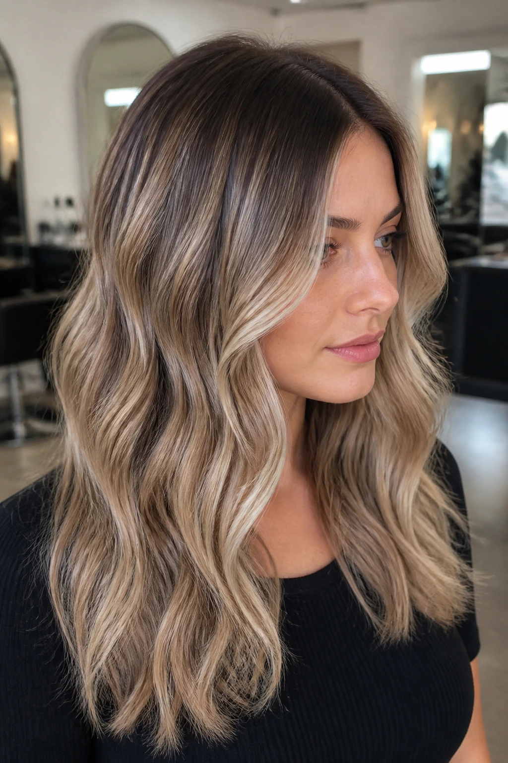 Close-up portrait of a real woman with ash bronde and shadow root