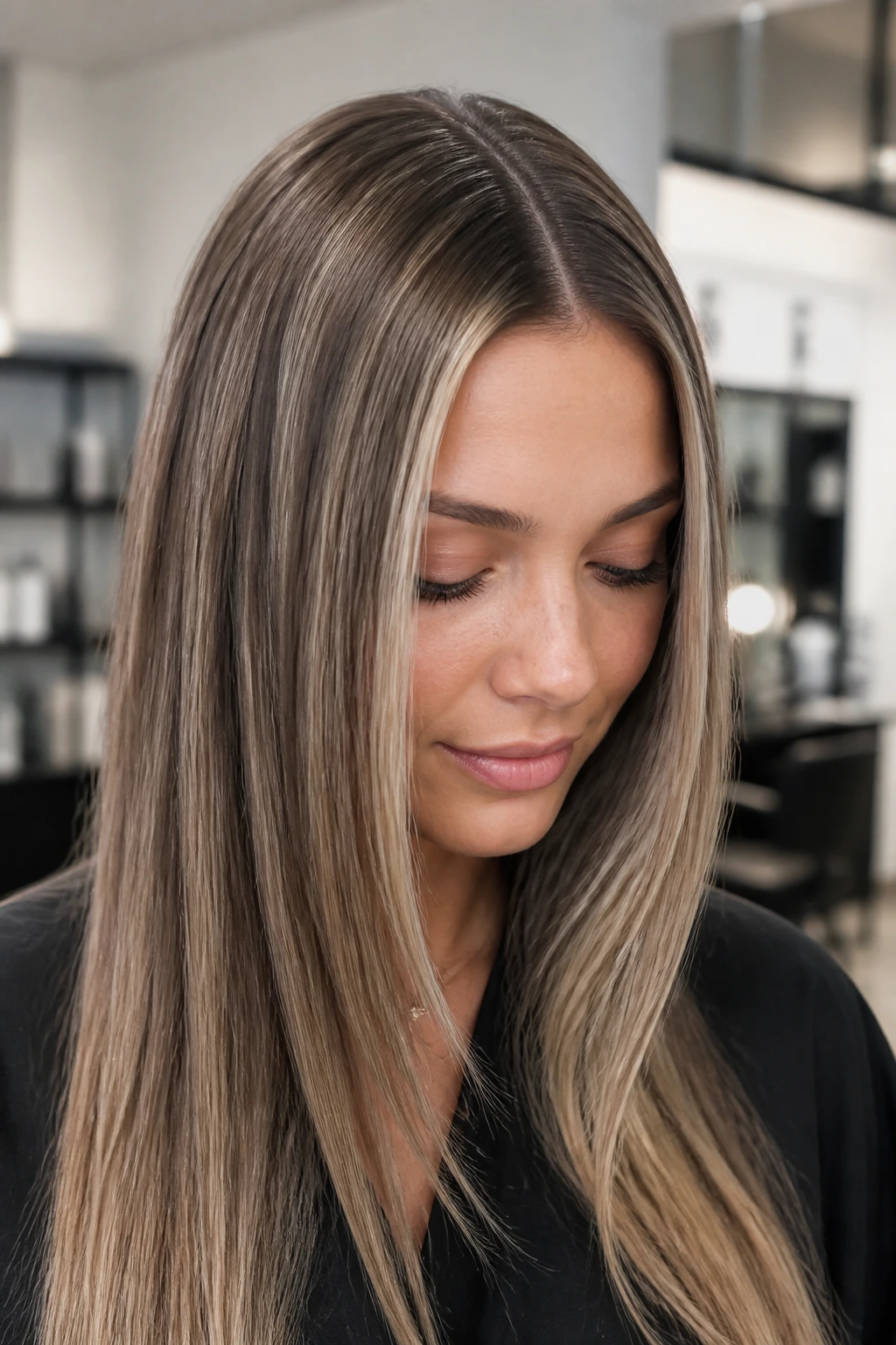 Close-up of a real person with ash bronde ribbons in straight hair