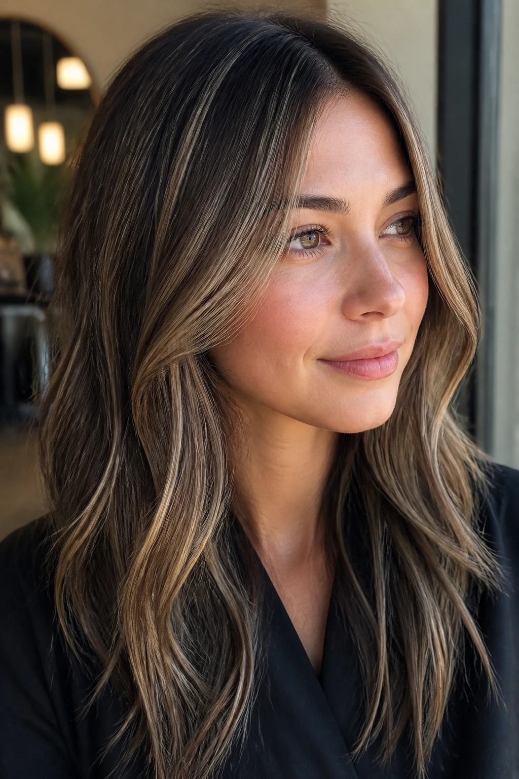 Close-up of a real person's hair with ash-bronde ribbons around the face in a sunlit salon.