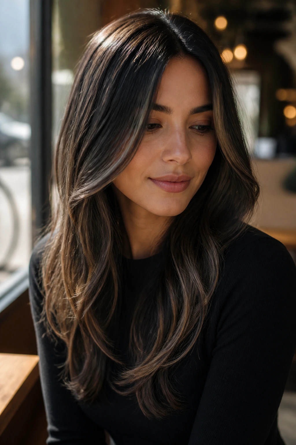 Close-up of a real woman with ash-brown babylights on dark hair catching sunlight