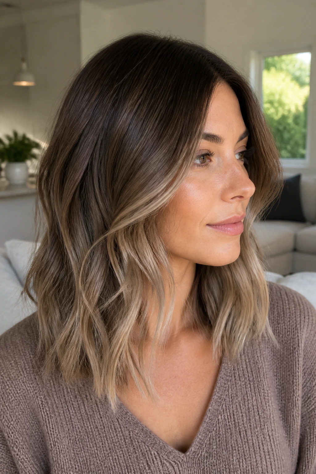 Close-up of ash brown balayage with cool ends on a real person