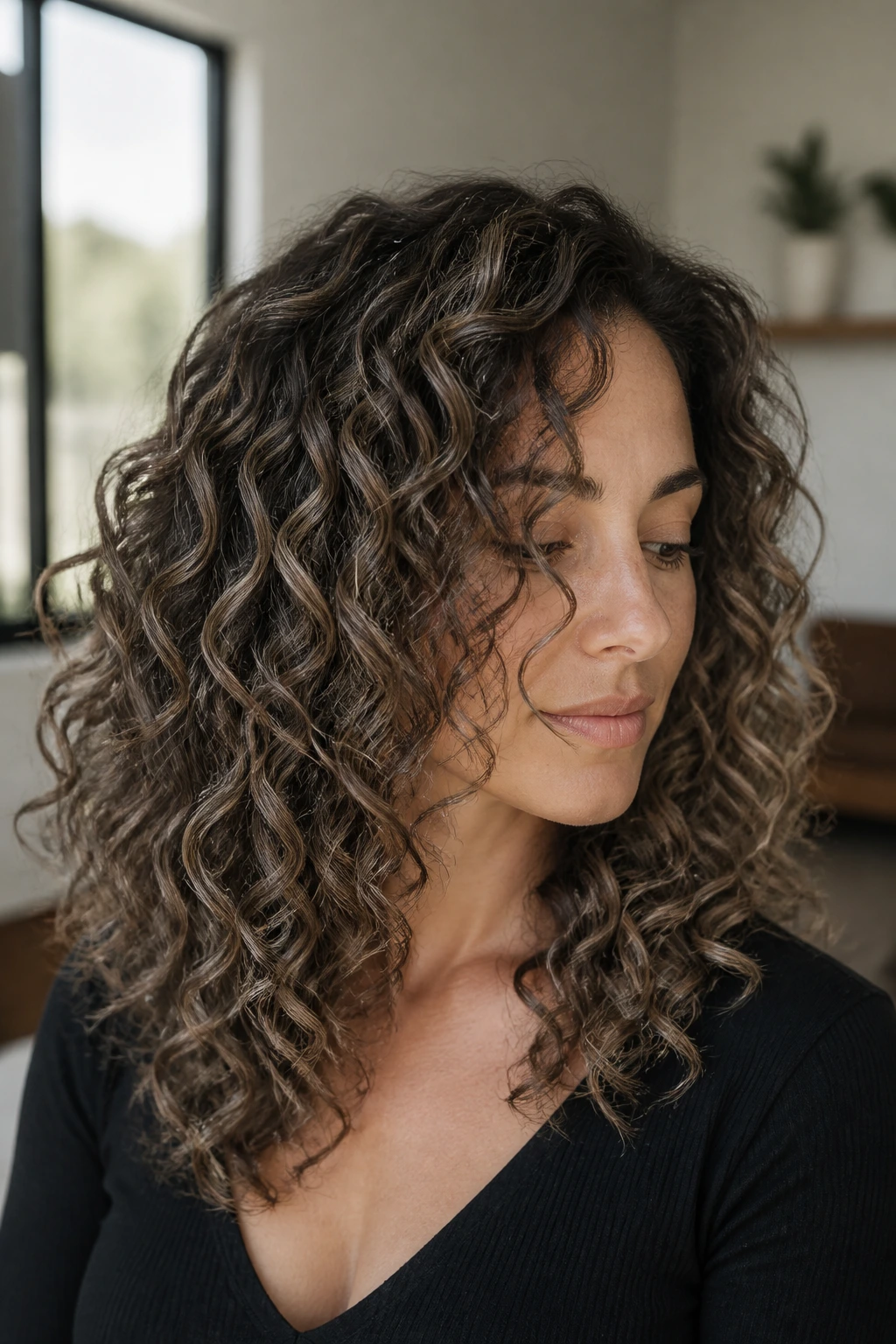 Real woman with ash brown shadow balayage on curly hair in cool tones
