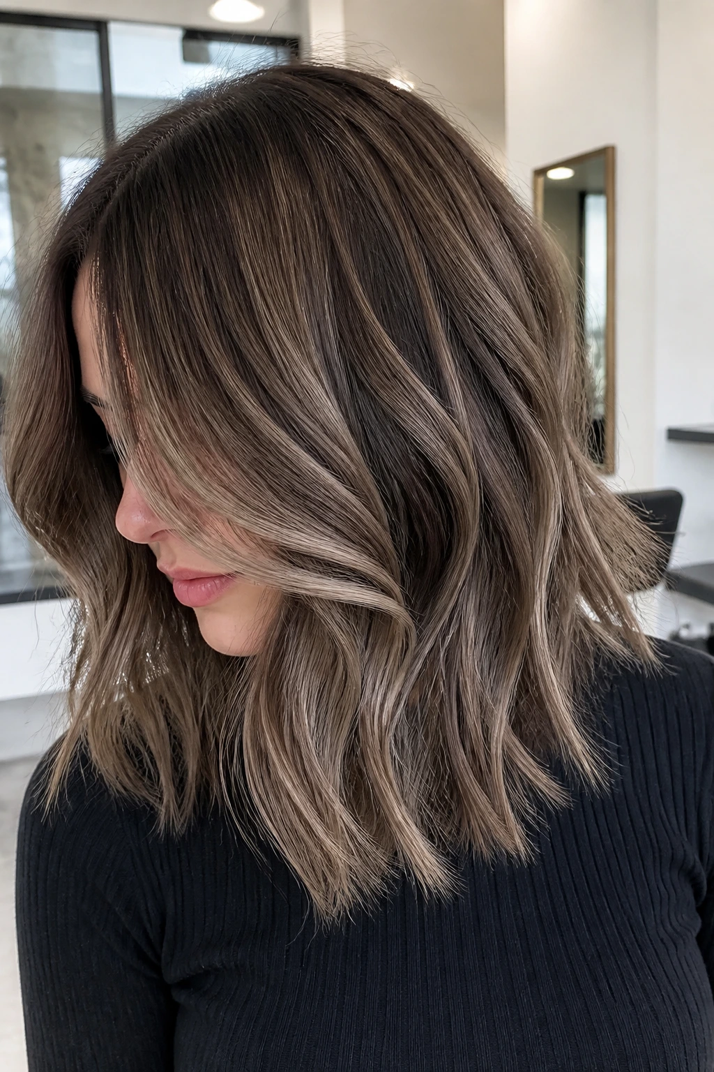 Close-up of layered lob with ash brown balayage