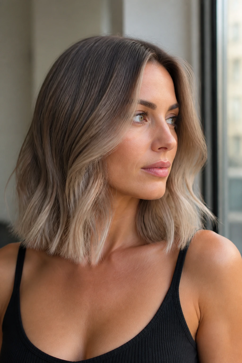 Head-and-shoulders portrait of a real woman with ash brown to champagne ombré on a lob.