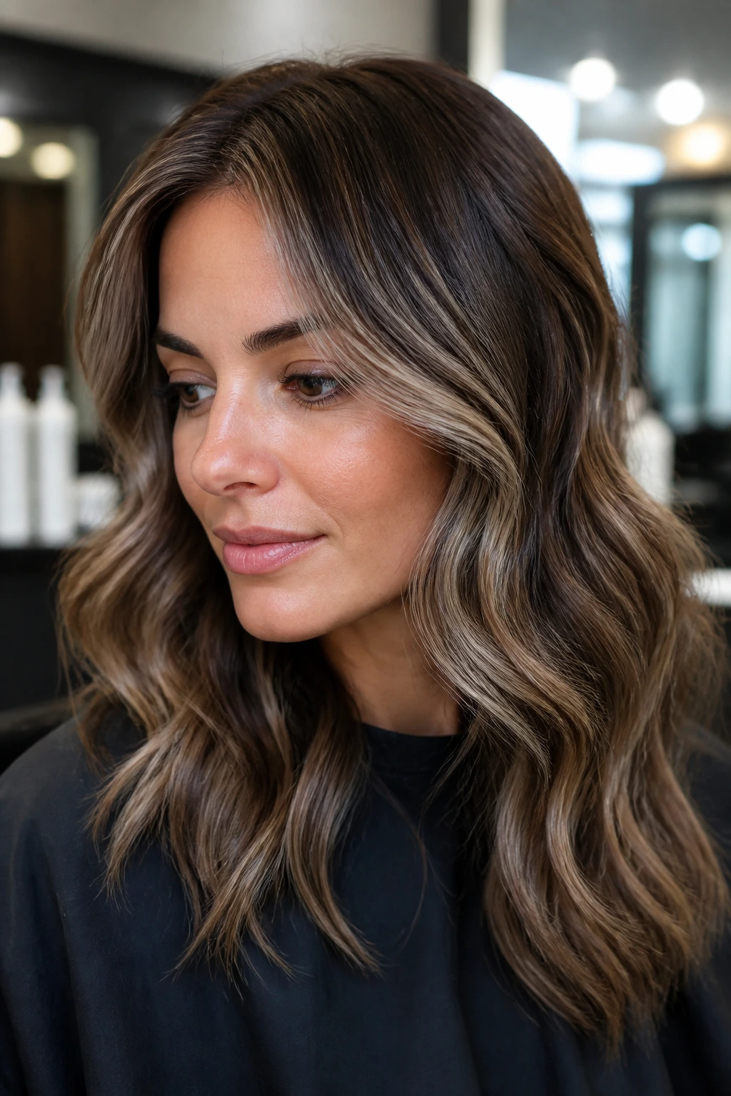 Close-up of real woman with ash brown contour lights around face