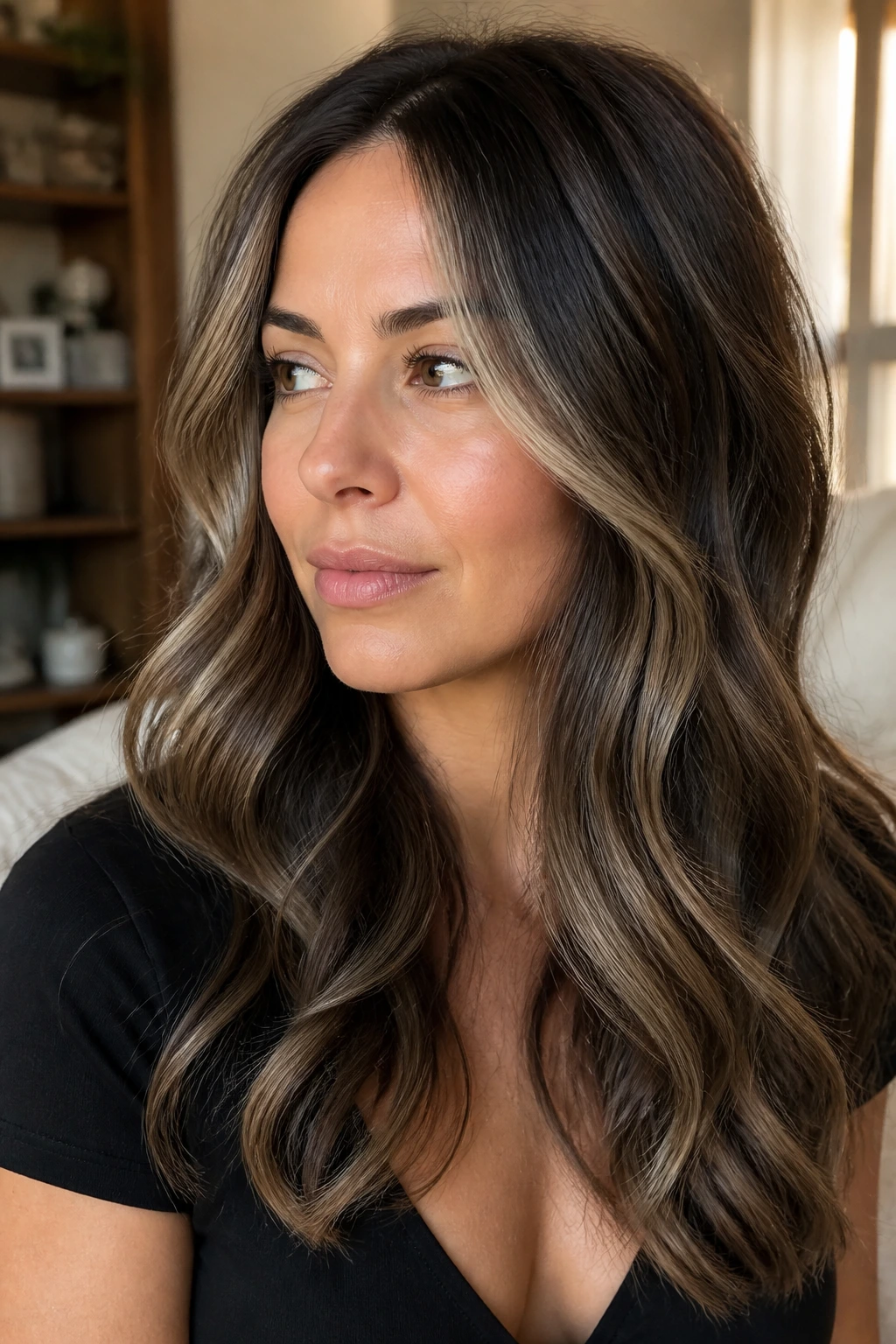 Close-up of a real woman with ash contour highlights around the face