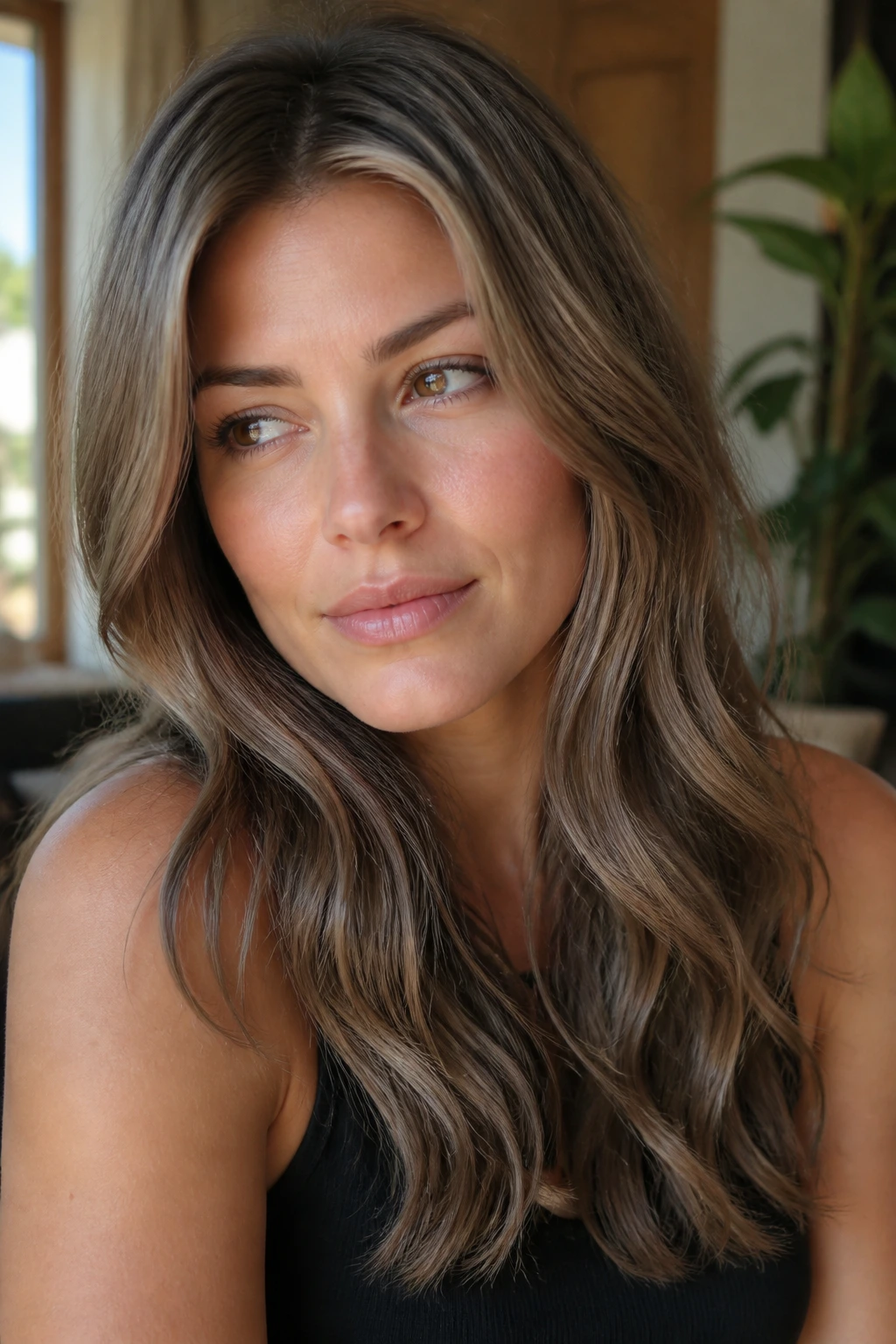Close-up of ash brown hair with cool-toned dimension on a real woman