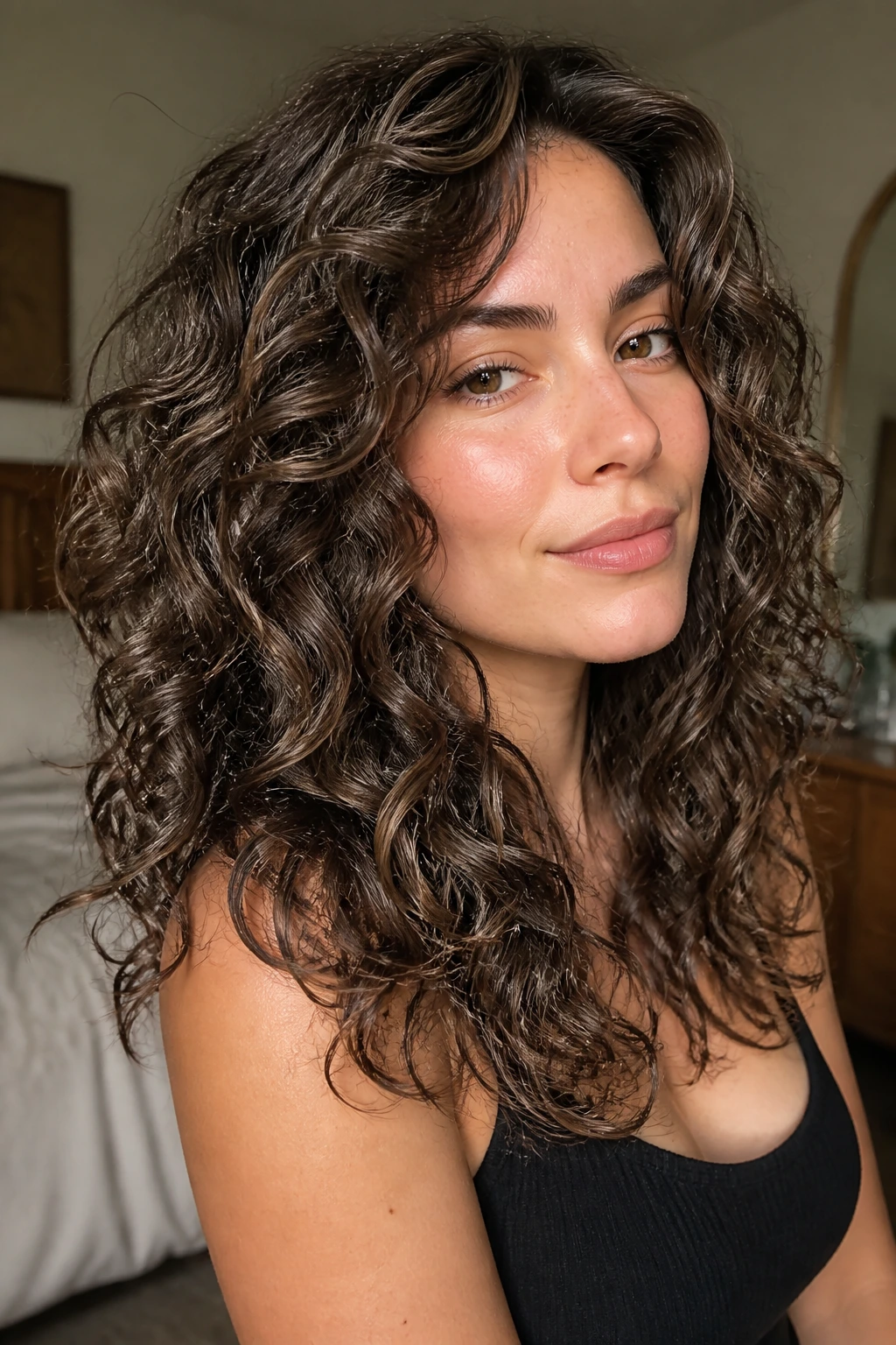 Close-up of smoky ash brown curls with dimensional lowlights on a real woman
