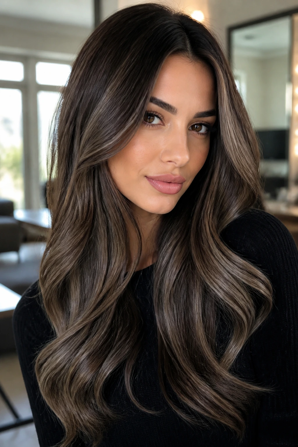 Cool ash-brown dimension on long brunette hair