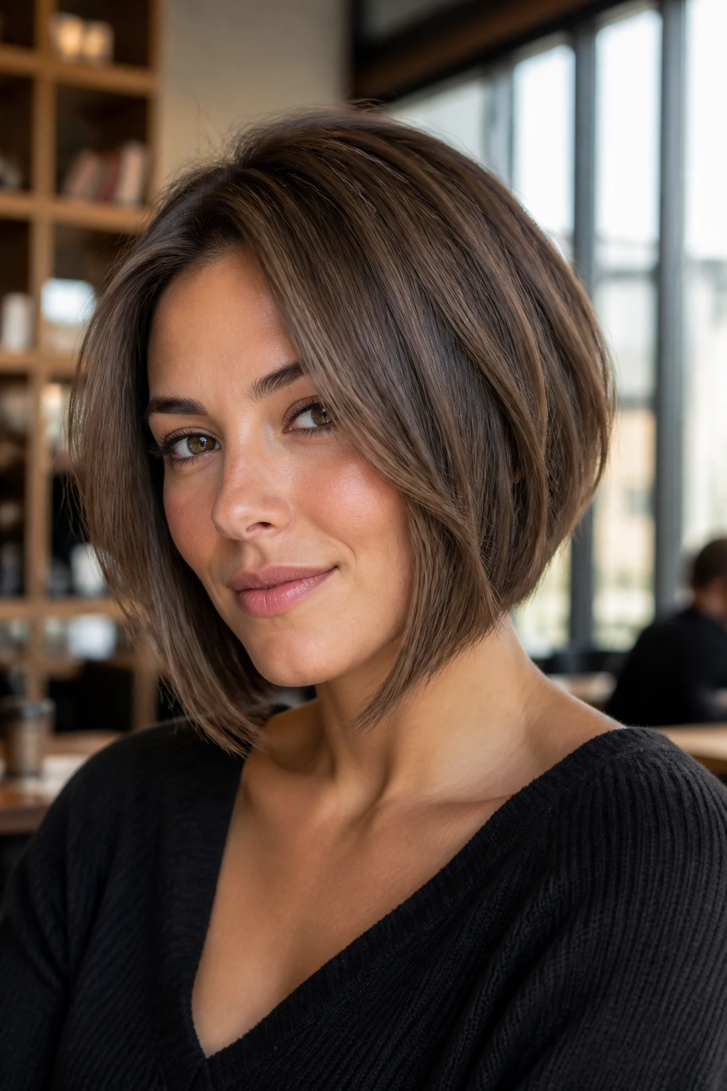 Close-up portrait of a real woman with ash brown graduated bob in daylight