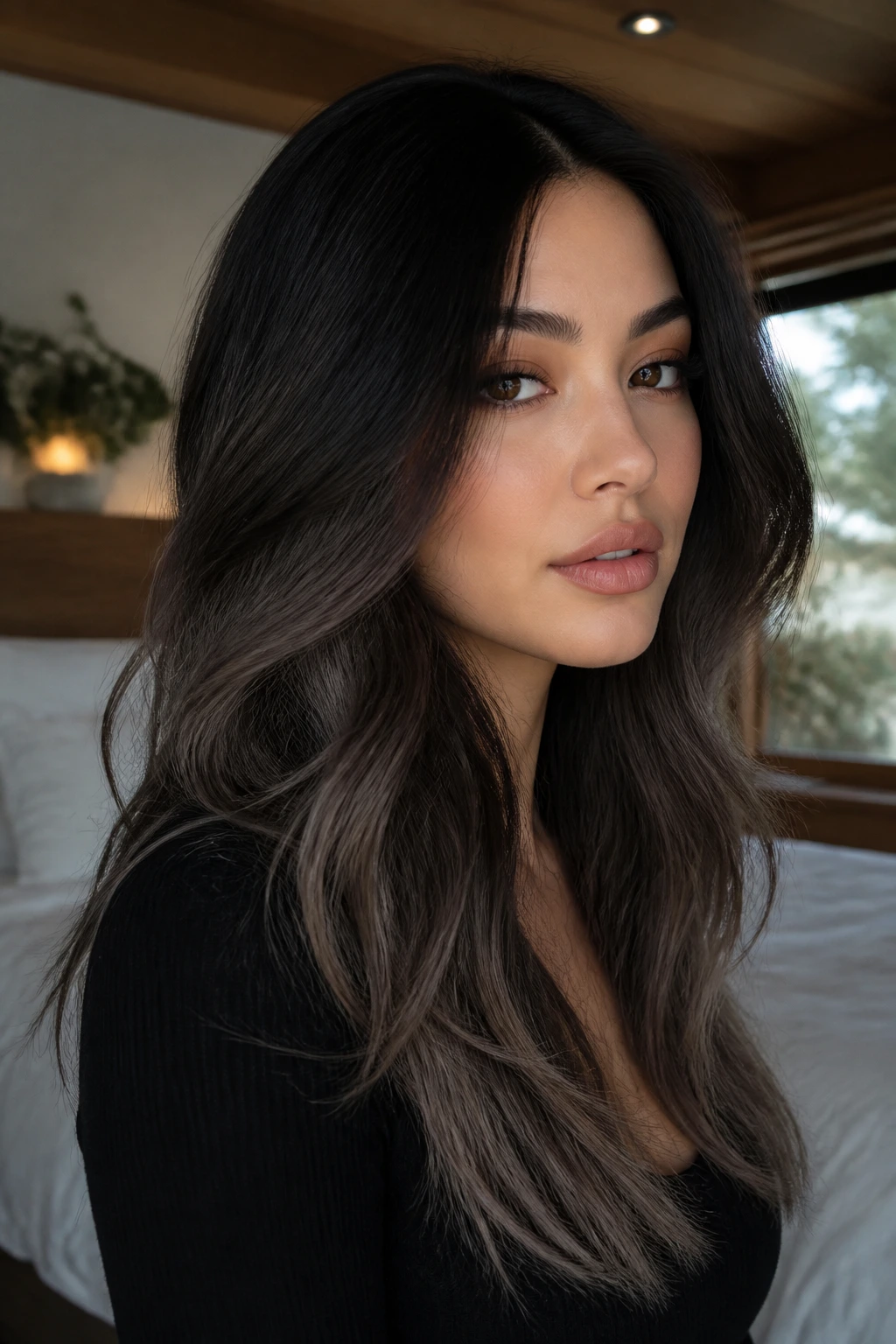 Close-up portrait of a real woman with a black-to-smoky-ash-brown ombre on long hair
