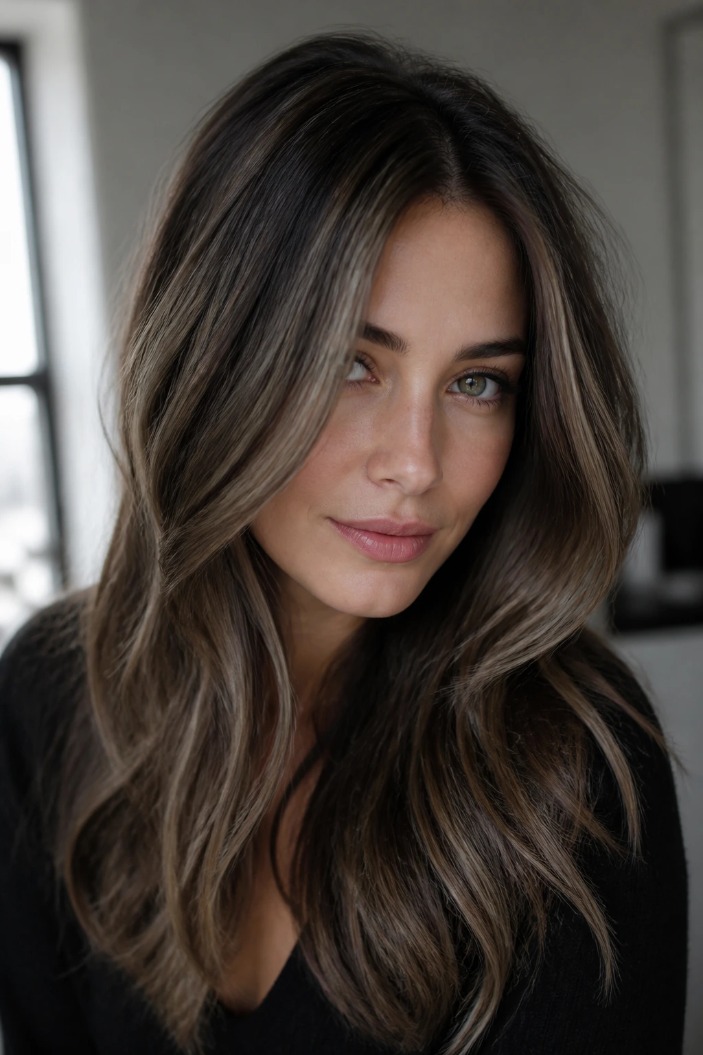 Brunette with ash-brown smoke lights under cool window light.