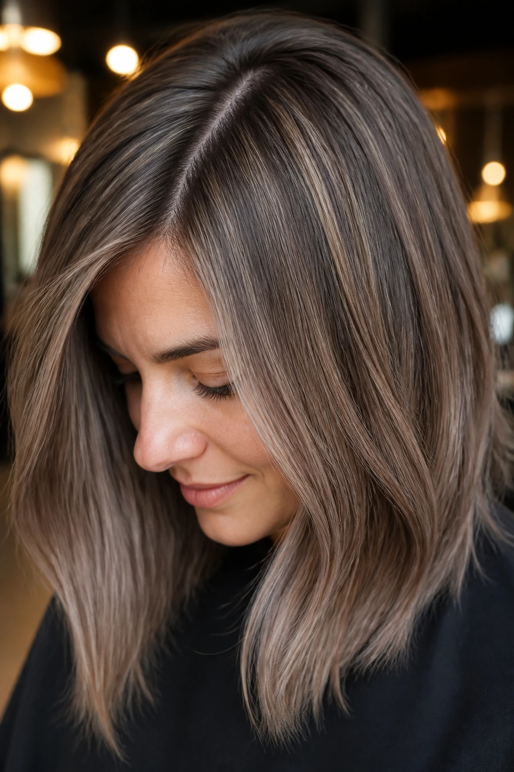 Real person with ash brown hair and subtle micro-highlights