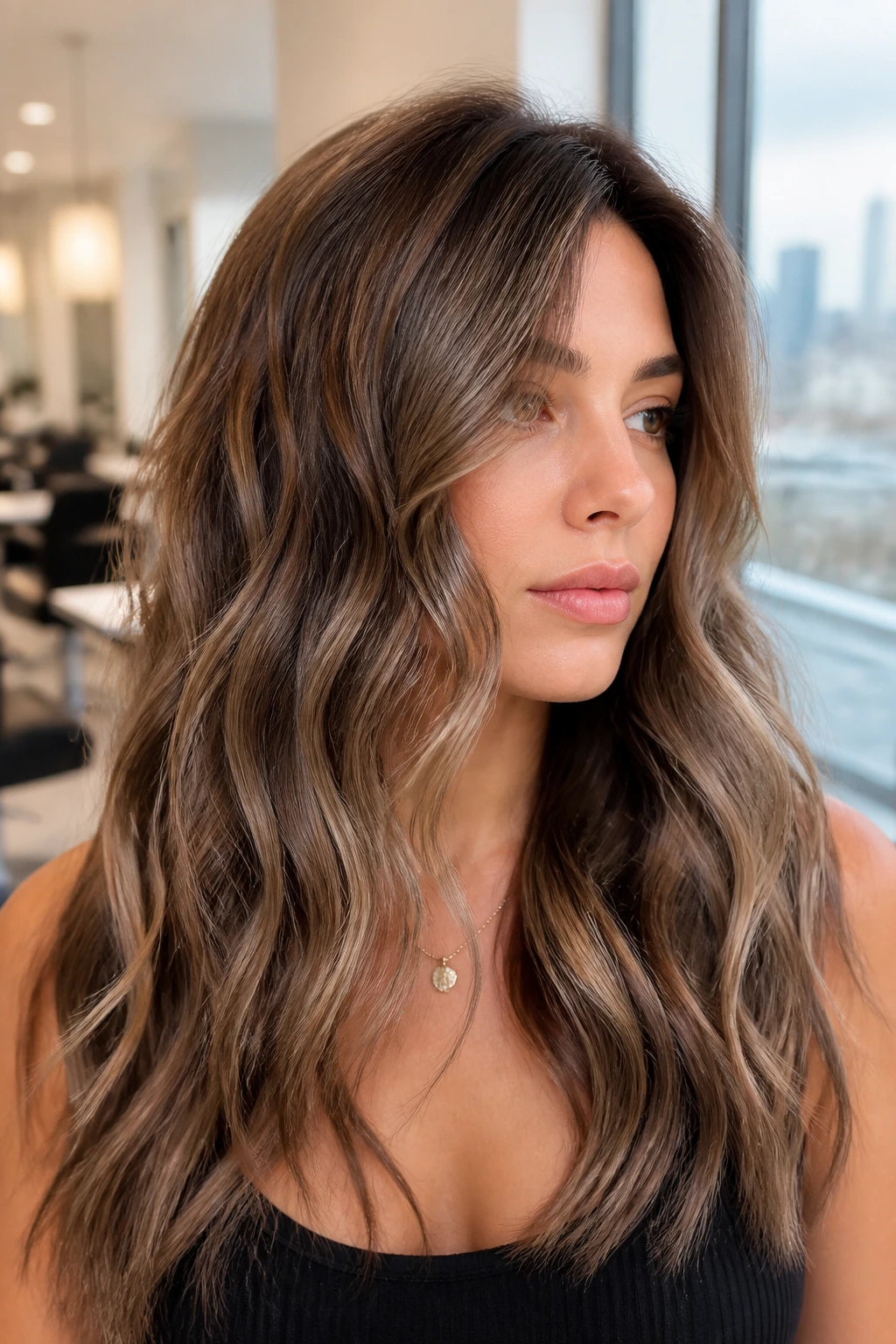 Close-up of a real woman with ash brown shadow highlights on wavy hair lit by warm salon window light