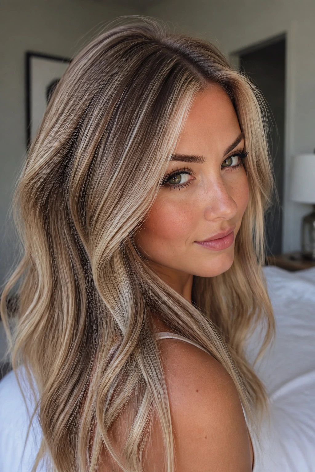 Close-up portrait of a woman with ash brown lowlights in brassy blonde hair.