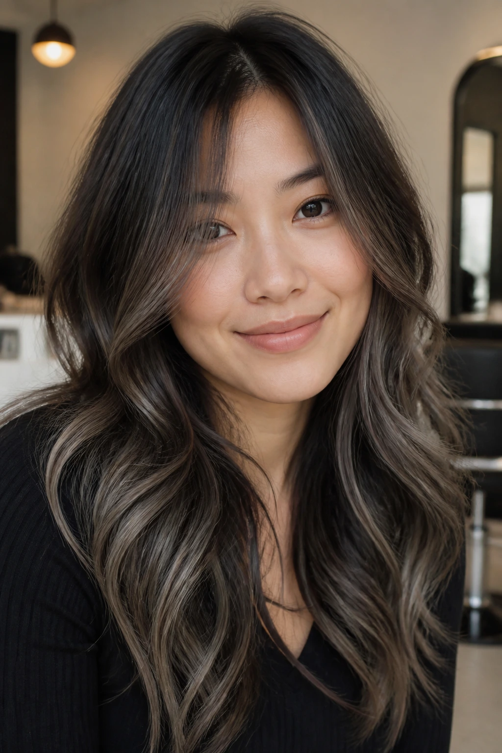 Close-up portrait of a real Asian woman showing smoky ash brown melt on dark hair with a seamless gradient