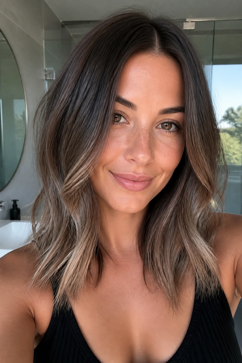 Close-up of a real woman with cool-toned ash brown melt hair