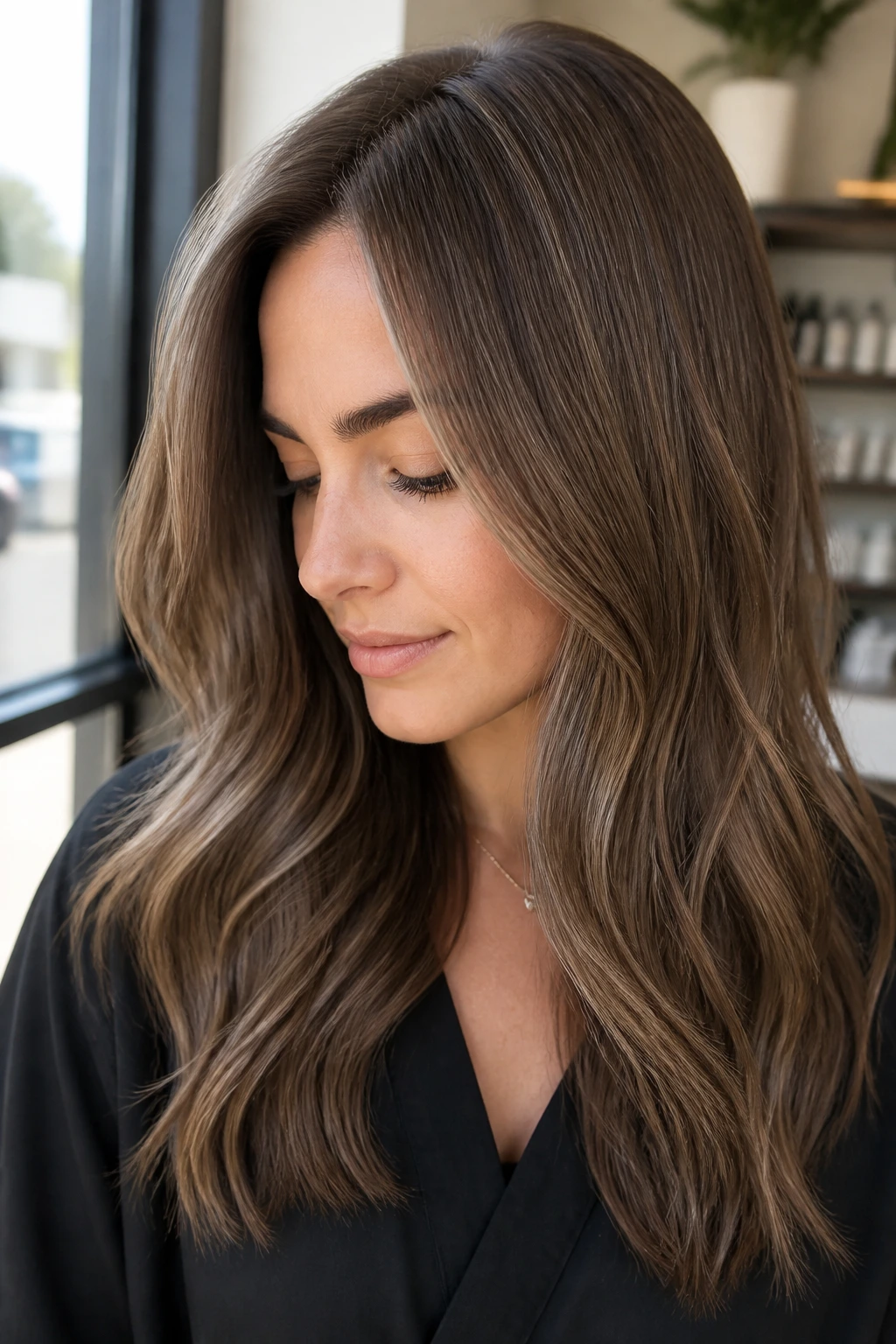 Close-up of ash brown micro-highlights blending into brown hair
