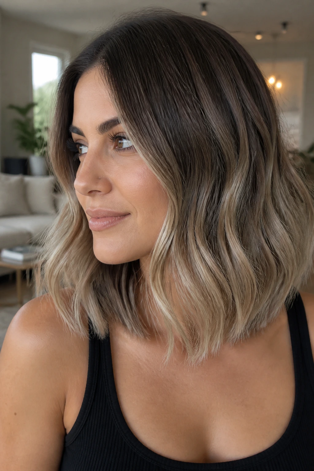 Ash brown to mushroom blonde ombre on shoulder-length hair close-up