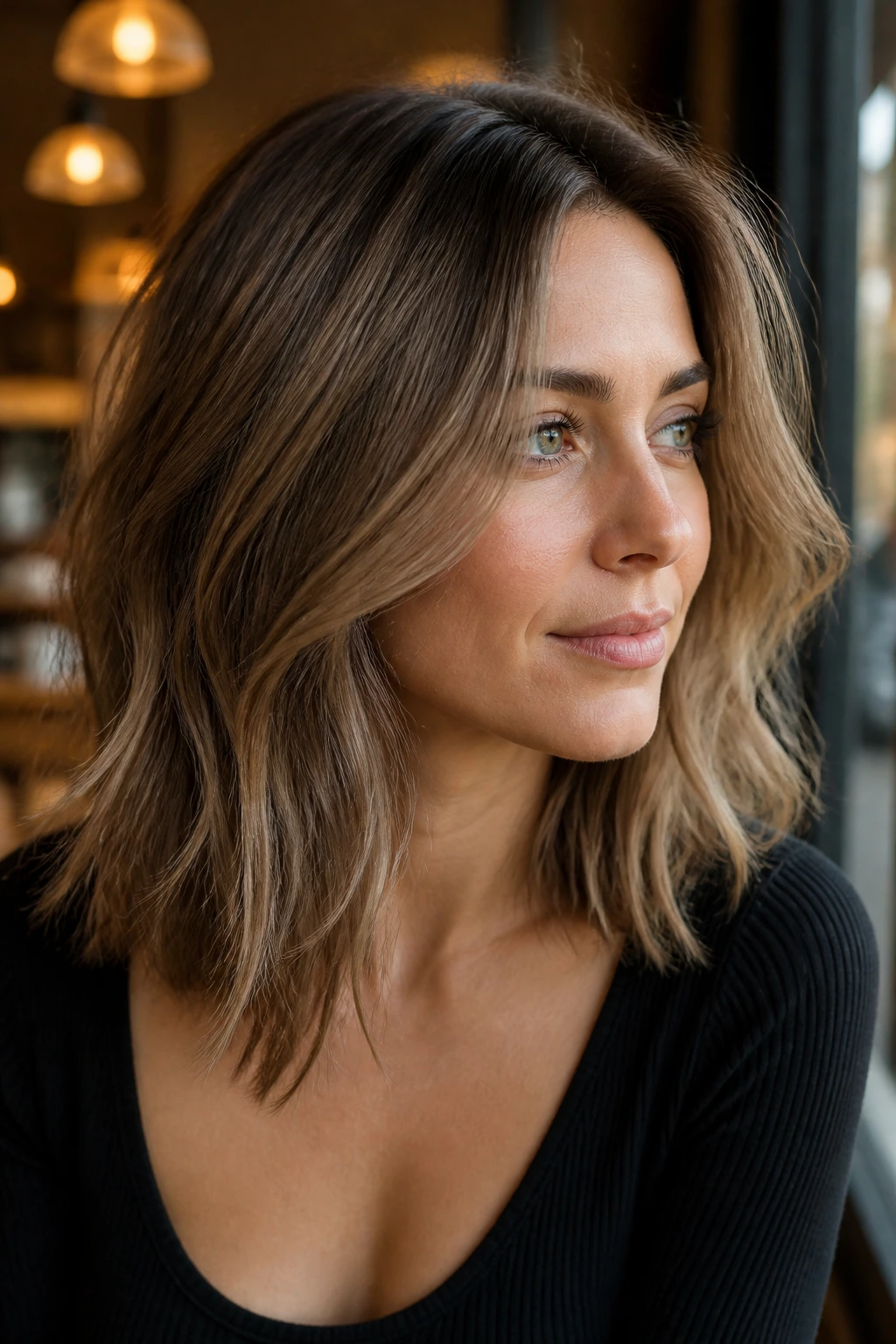 Close-up portrait of a woman with ash brown hair and a shadow root in warm cafe light