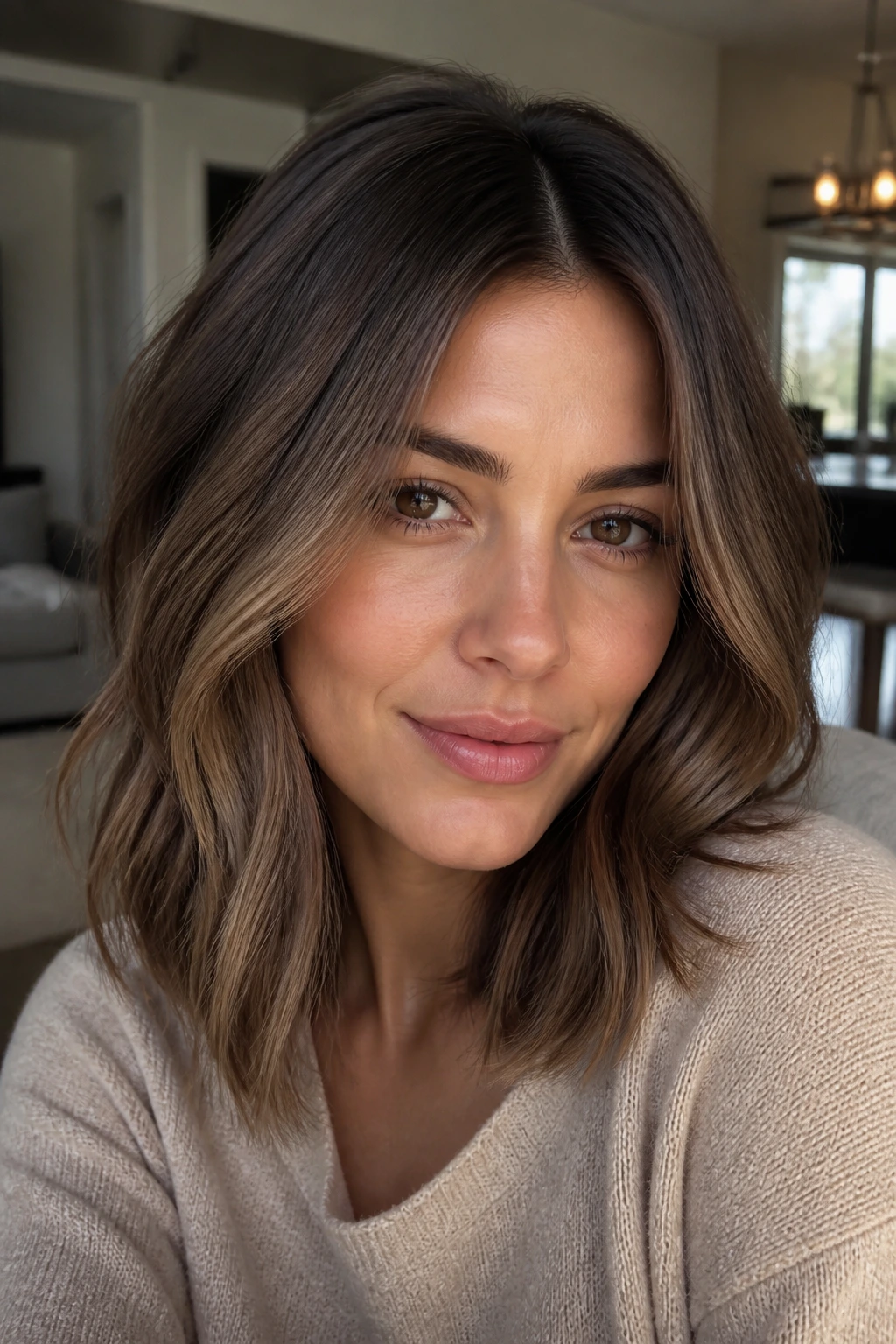 Close-up of a real woman with ash brown shadow root and muted brown mids