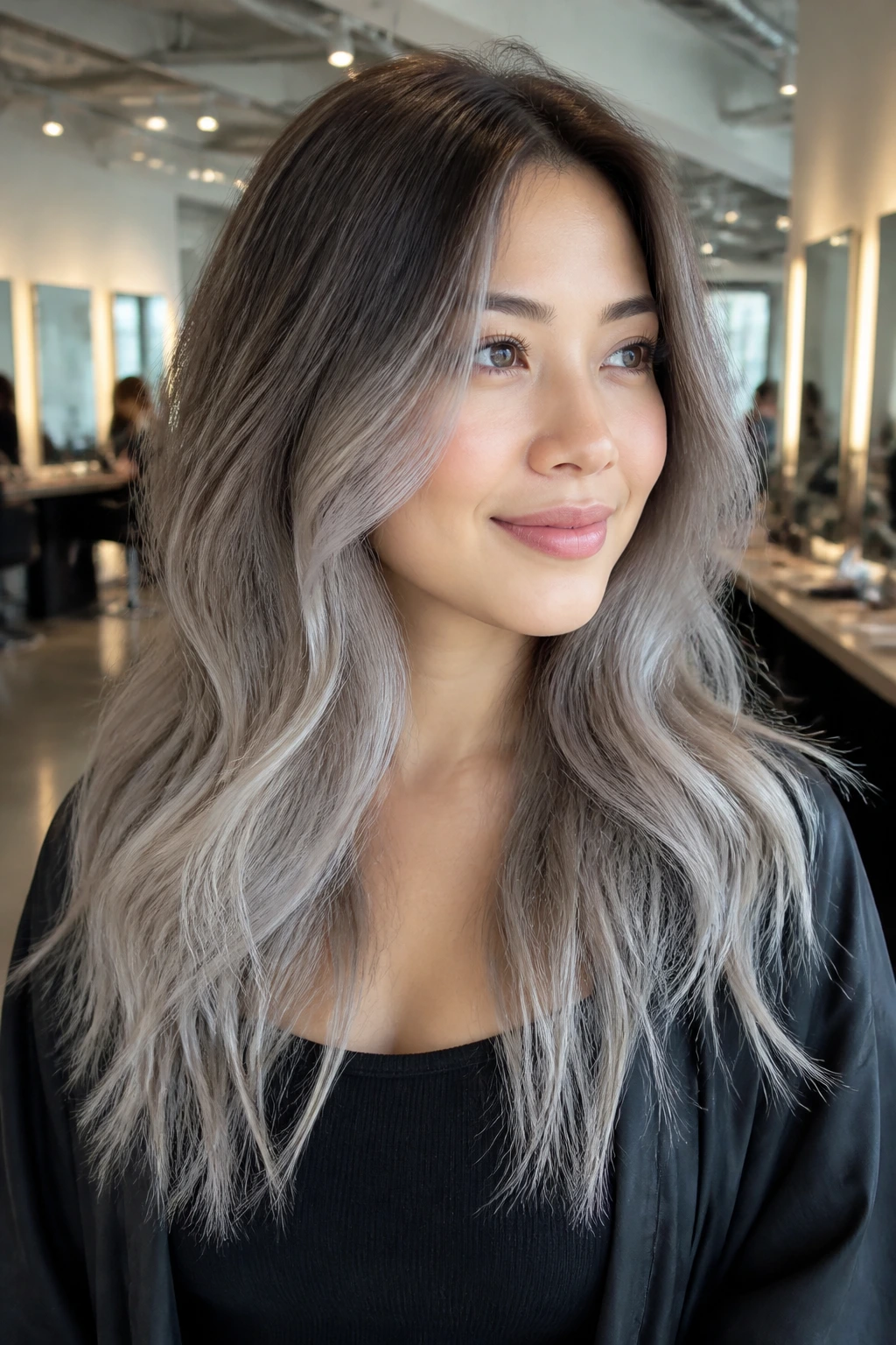 Close-up of ash brown hair fading to silver smoke ends
