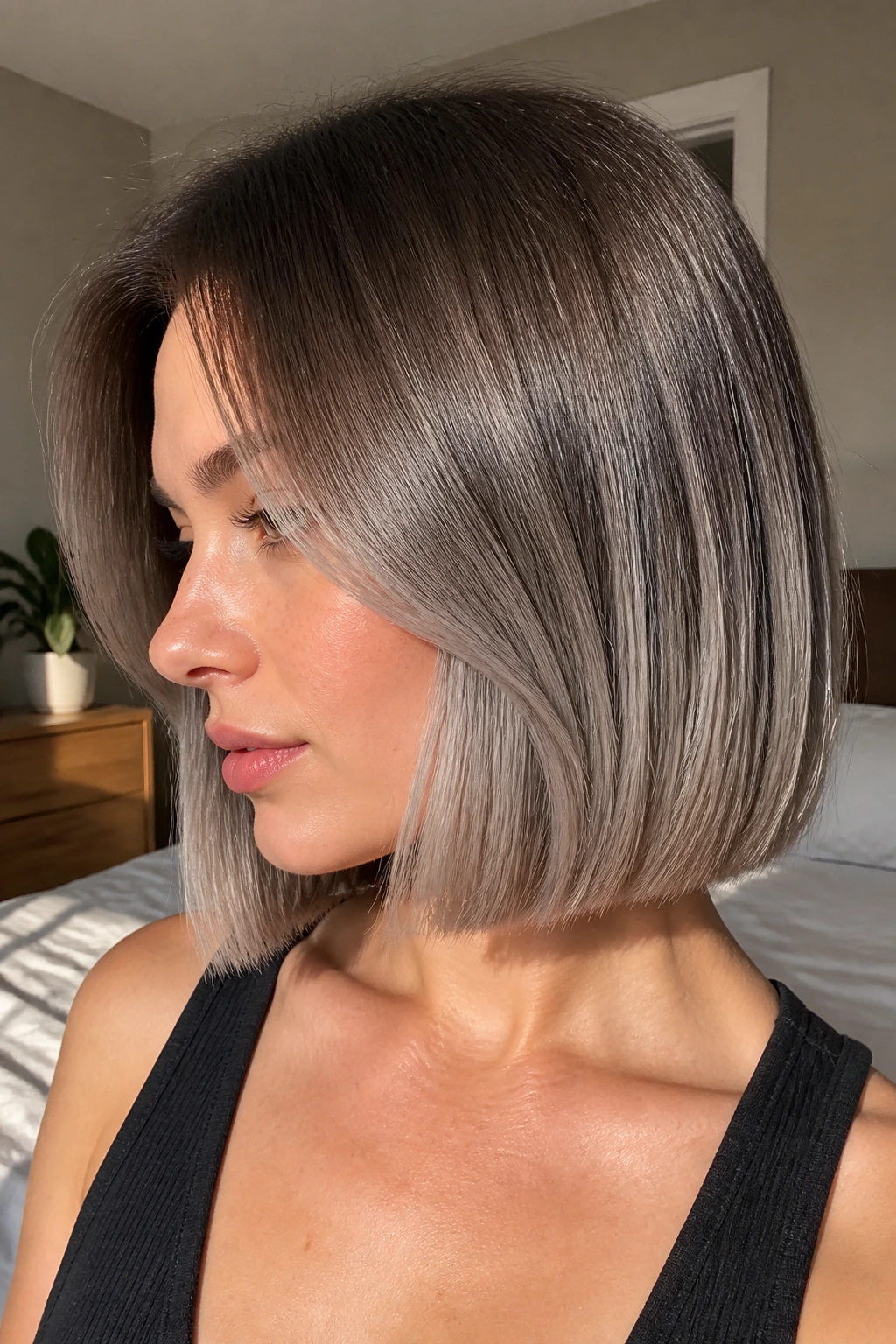 Close-up of blunt bob with ash brown roots fading to silver taupe in natural light