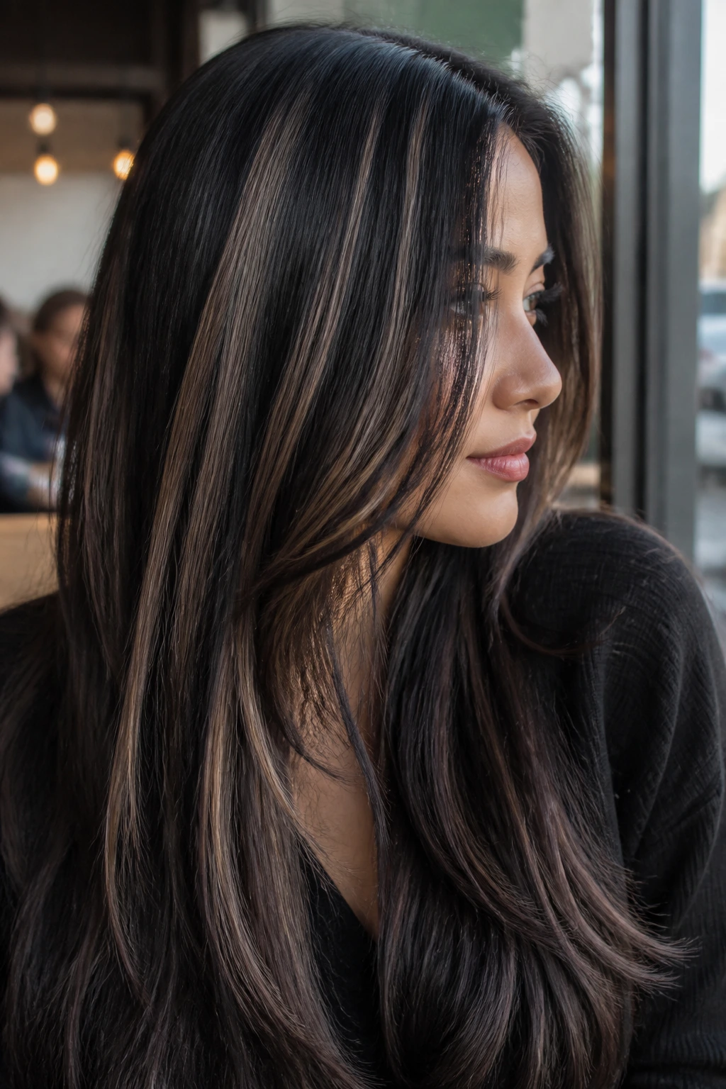 Close-up of a real woman with ash brown slices on black hair in soft natural light