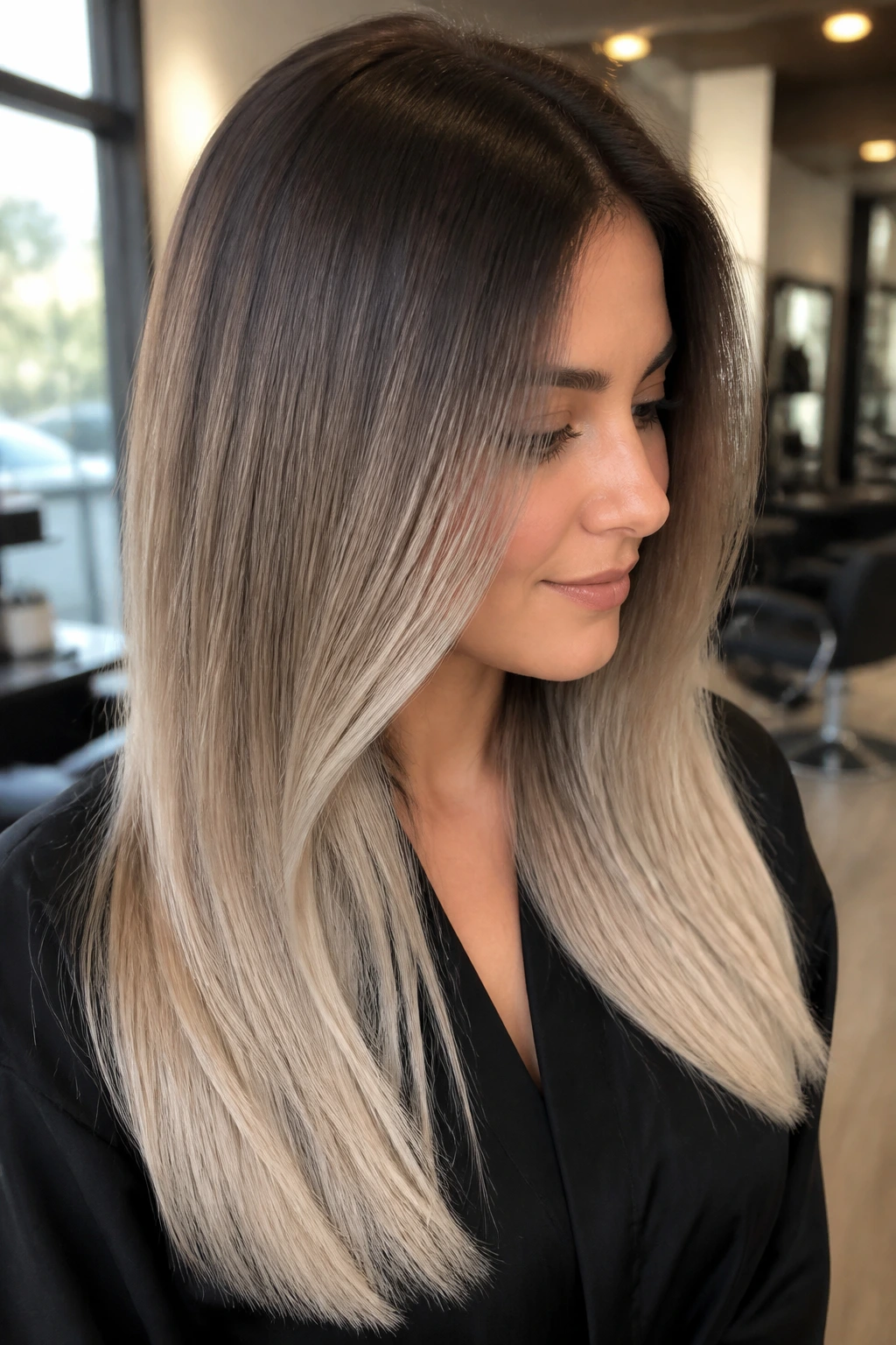 Close-up portrait of hair showing ash brown to smoke blonde ombre on a real person
