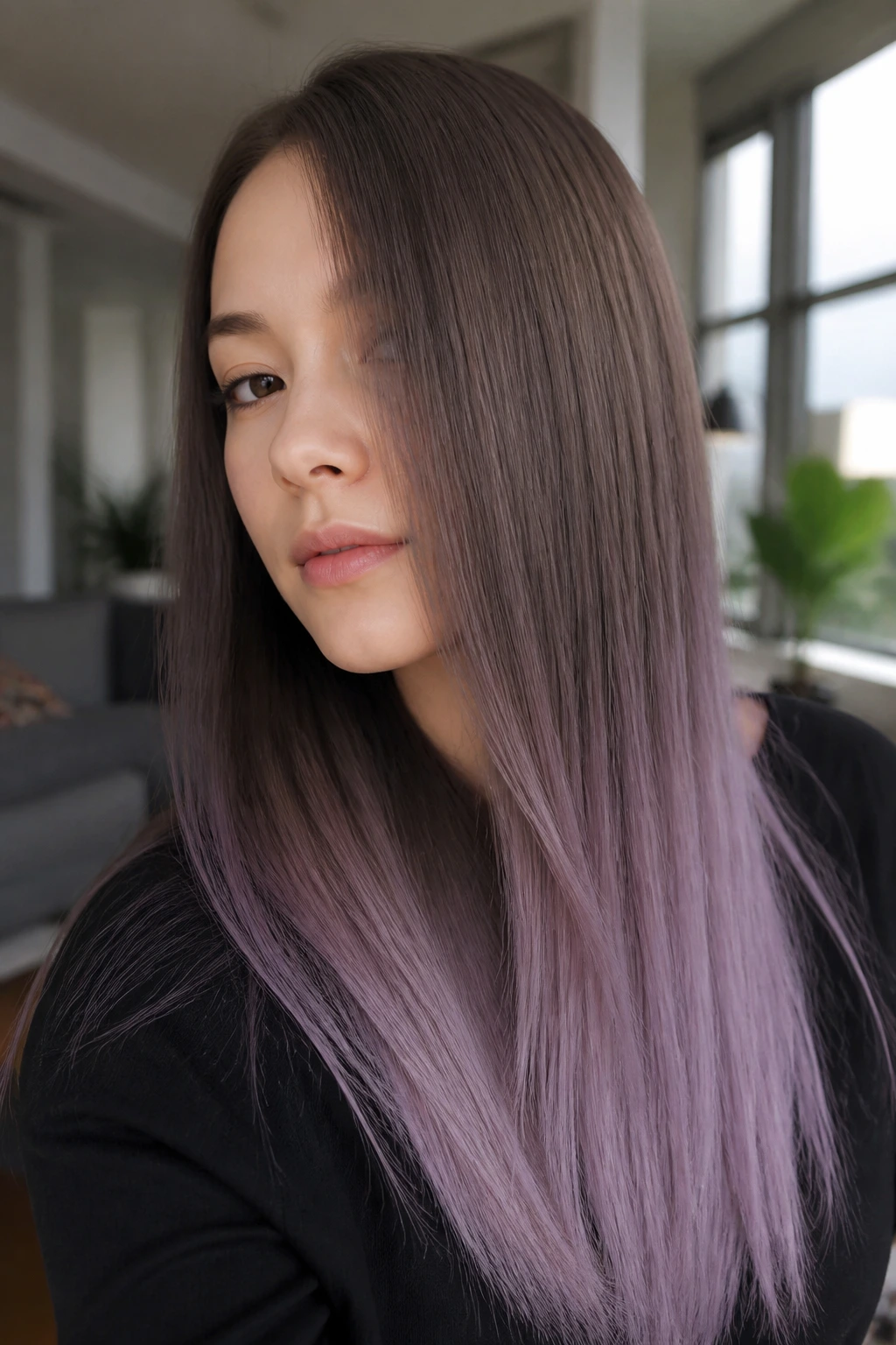 Close-up portrait of a real person with ash brown to smoky lavender ombre on straight hair